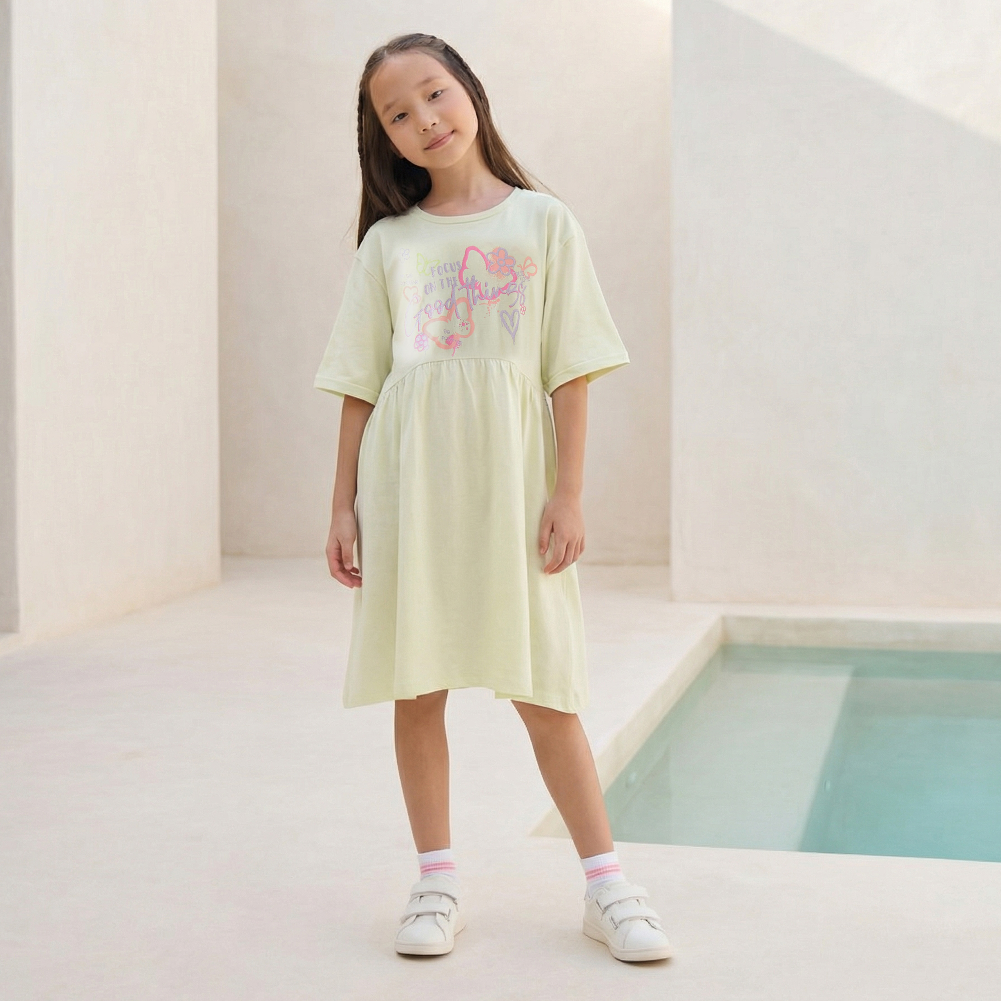 Juniors Round Neck Short Sleeves A-line Dress with Graphic Print-girls-clothing-dressesandjumpsuits-image-1