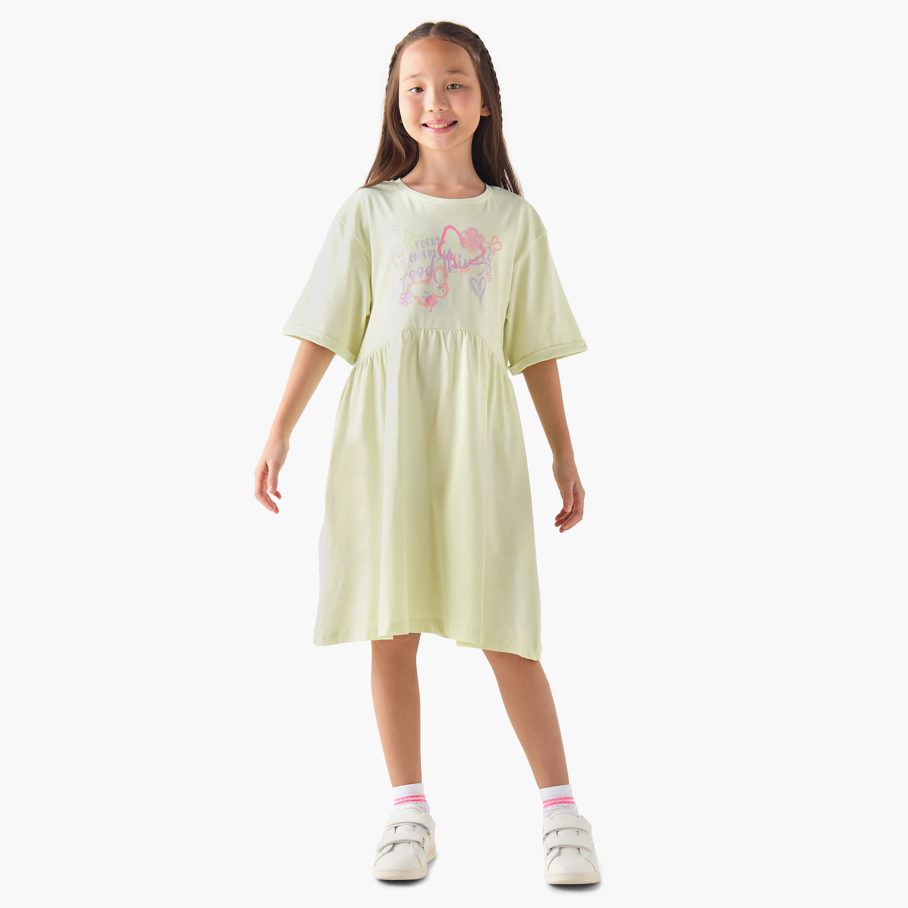 Juniors Round Neck Short Sleeves A-line Dress with Graphic Print-girls-clothing-dressesandjumpsuits-image-2