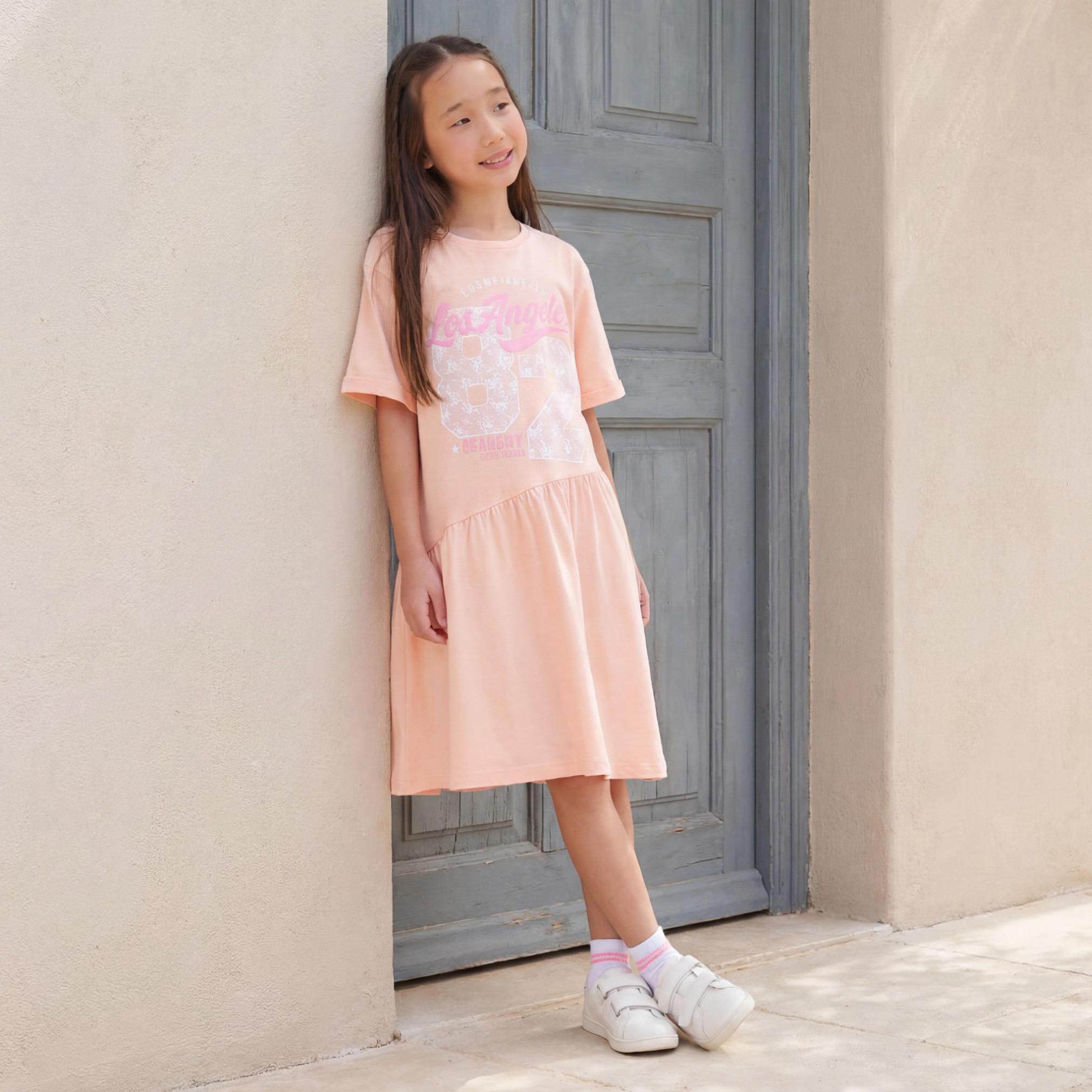 فستان تيشيرت بياقة مستديرة وأكمام قصيرة وطبعات من جونيورز-girls-clothing-dressesandjumpsuits-image-1