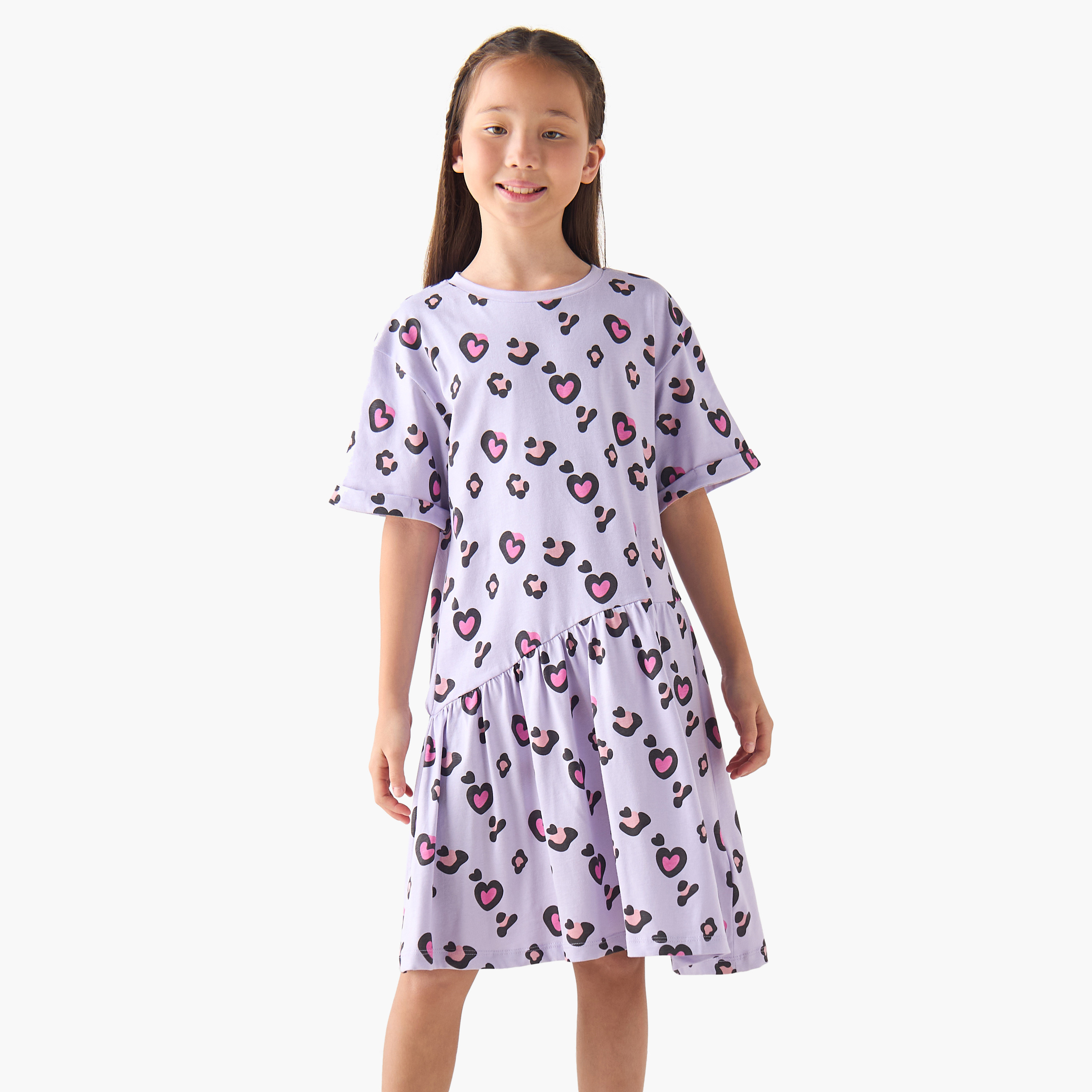Juniors Round Neck Short Sleeves T-shirt Dress with Heart Print-girls-clothing-dressesandjumpsuits-image-1