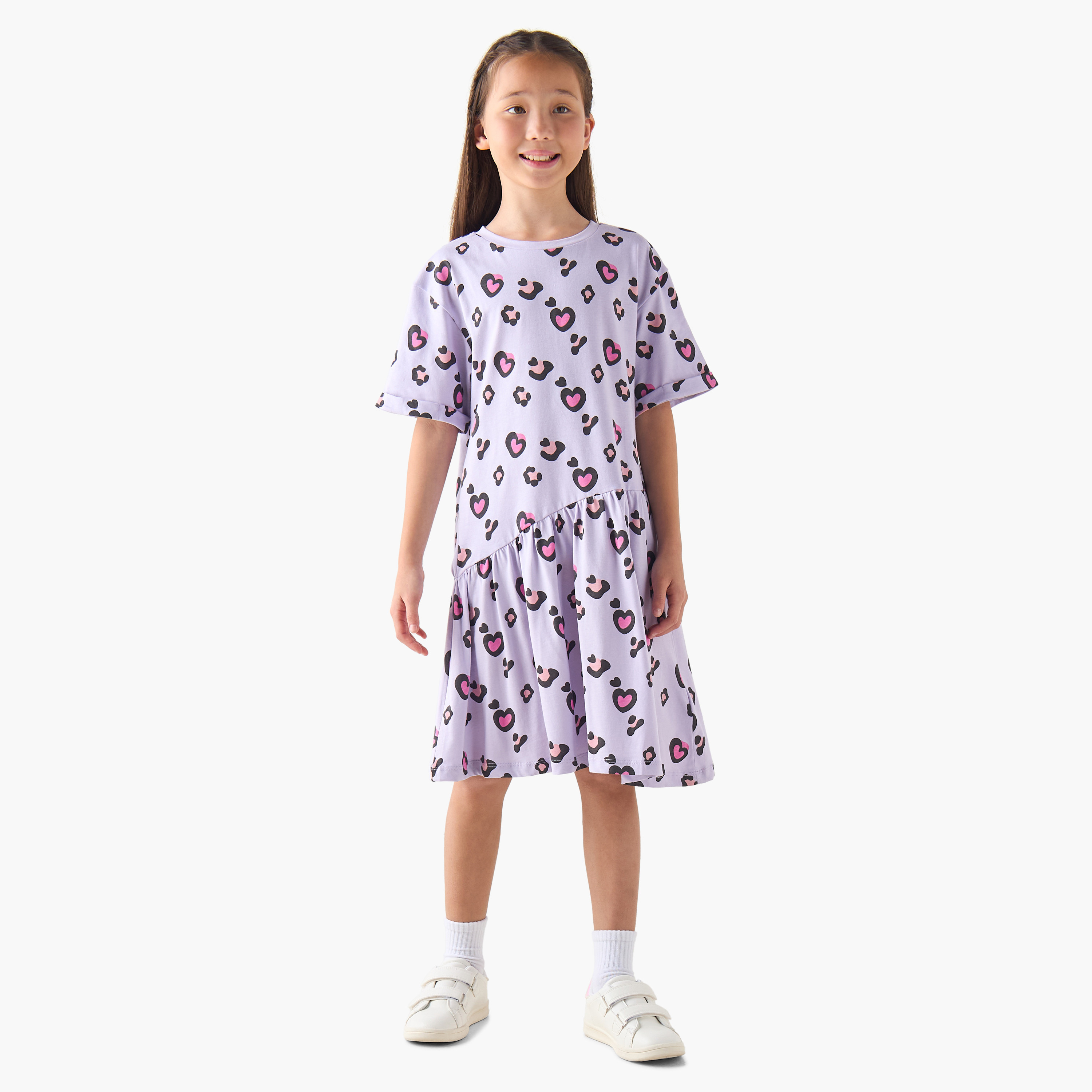 Juniors Round Neck Short Sleeves T-shirt Dress with Heart Print-girls-clothing-dressesandjumpsuits-image-2