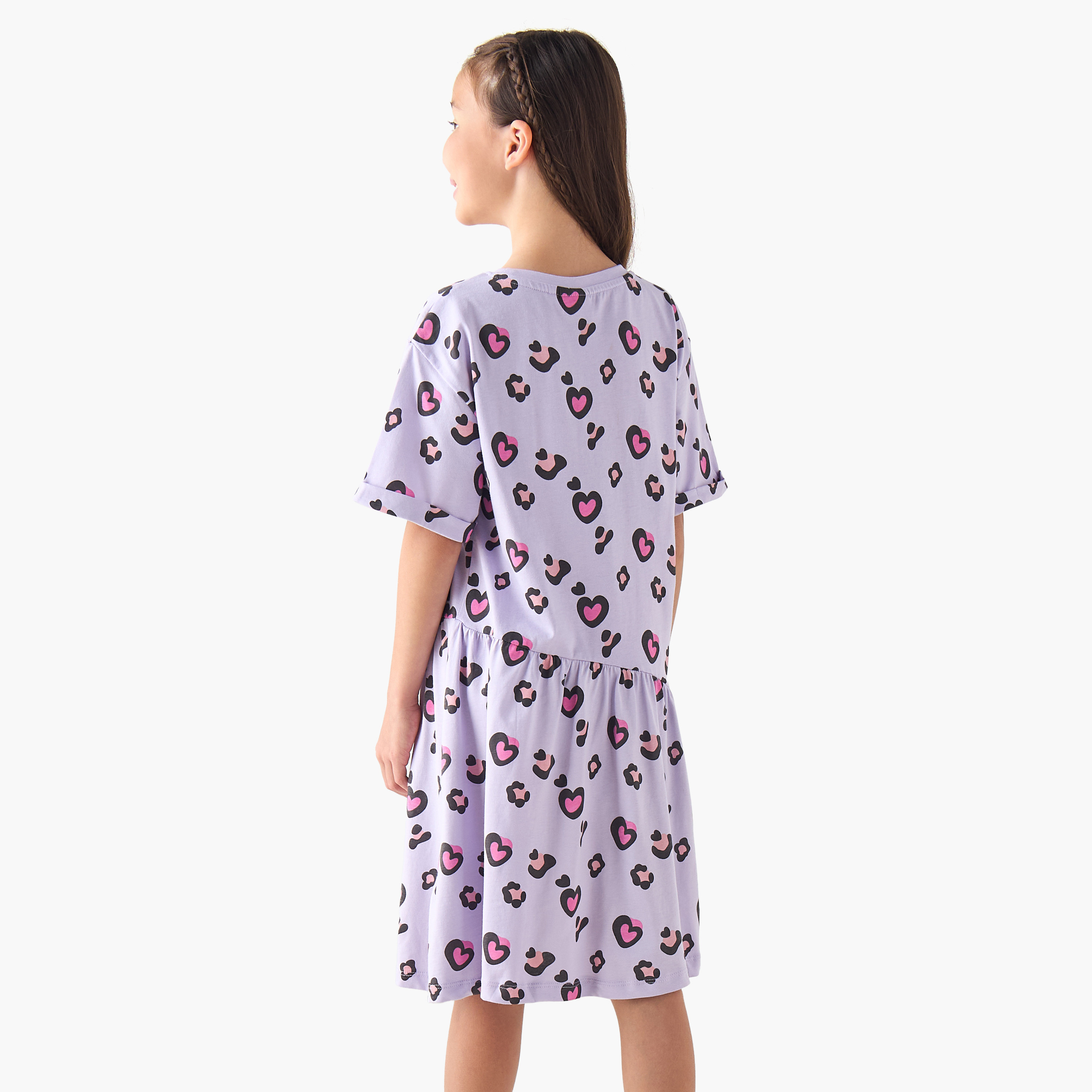 Juniors Round Neck Short Sleeves T-shirt Dress with Heart Print-girls-clothing-dressesandjumpsuits-image-3