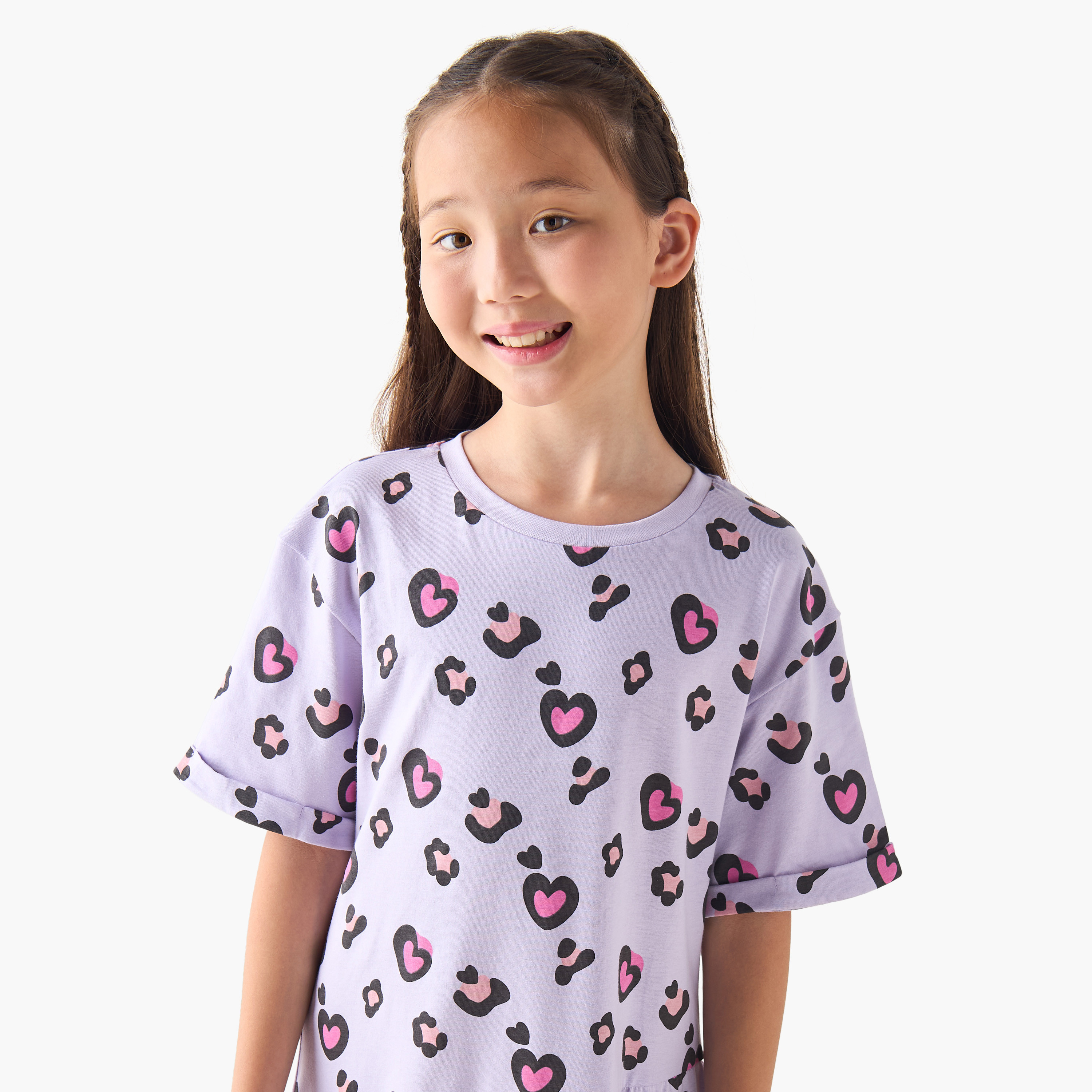 Juniors Round Neck Short Sleeves T-shirt Dress with Heart Print-girls-clothing-dressesandjumpsuits-image-4