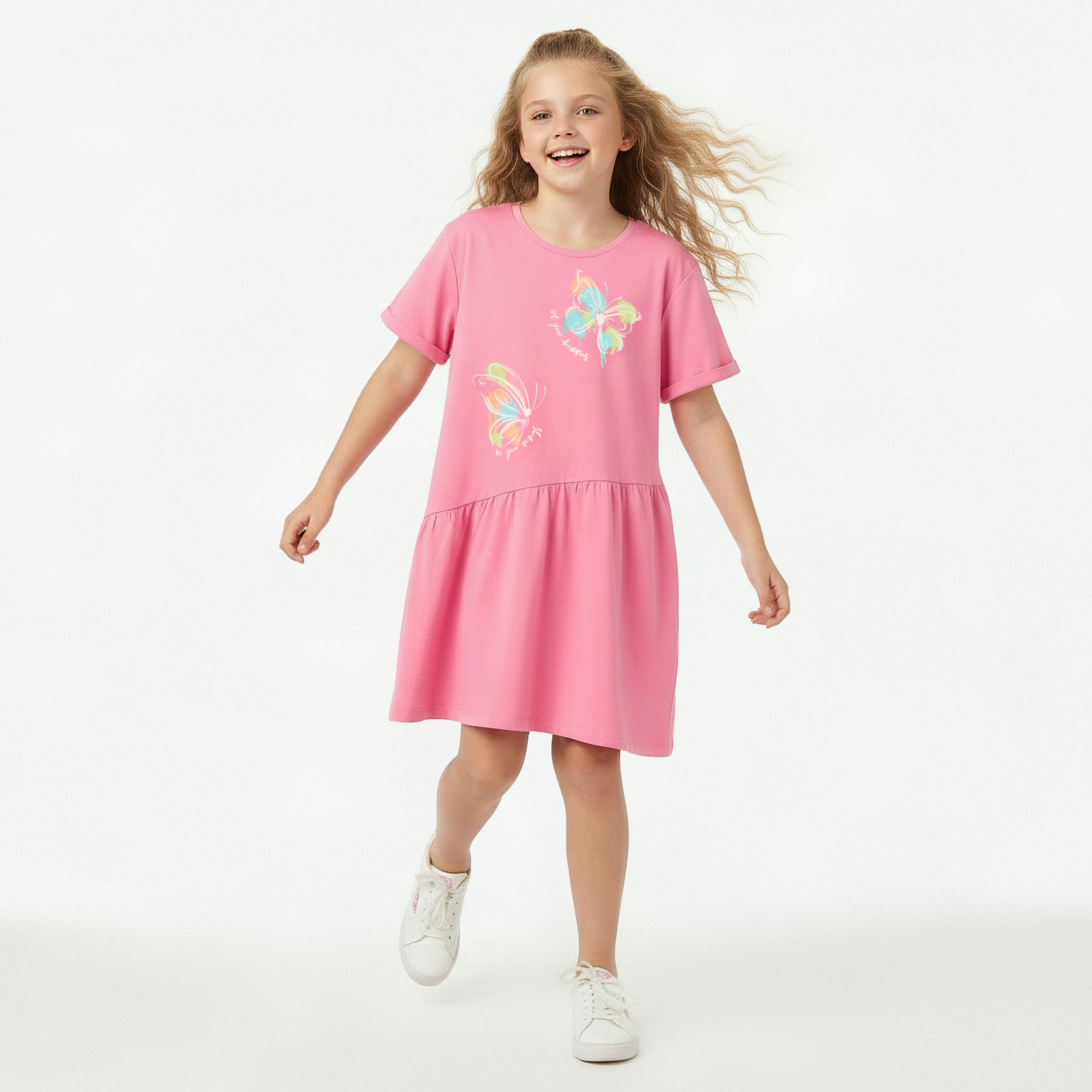 Juniors Round Neck Short Sleeves Knee Length Drop Waist Dress with Butterfly Print-girls-clothing-dressesandjumpsuits-image-2