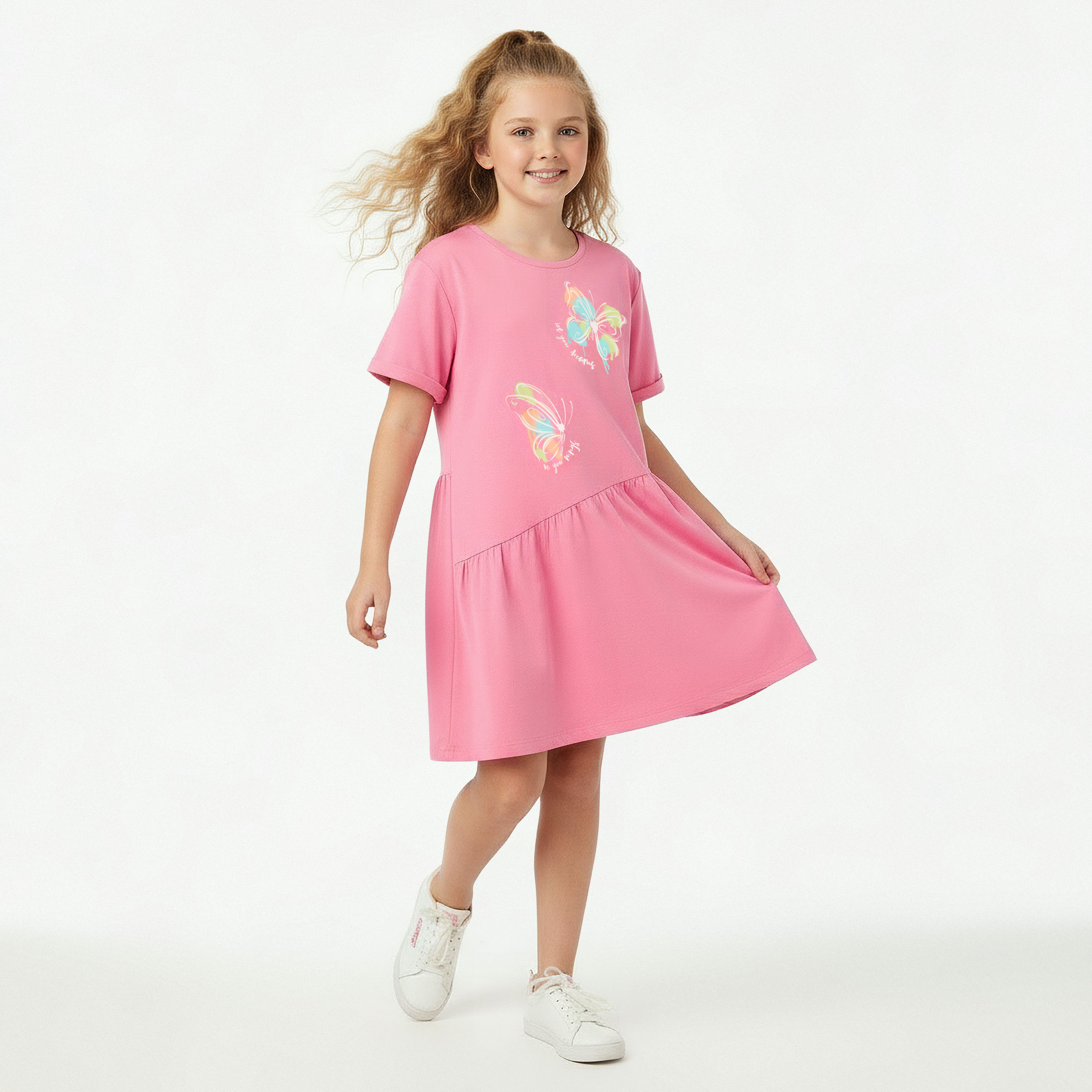 Juniors Round Neck Short Sleeves Knee Length Drop Waist Dress with Butterfly Print-girls-clothing-dressesandjumpsuits-image-5
