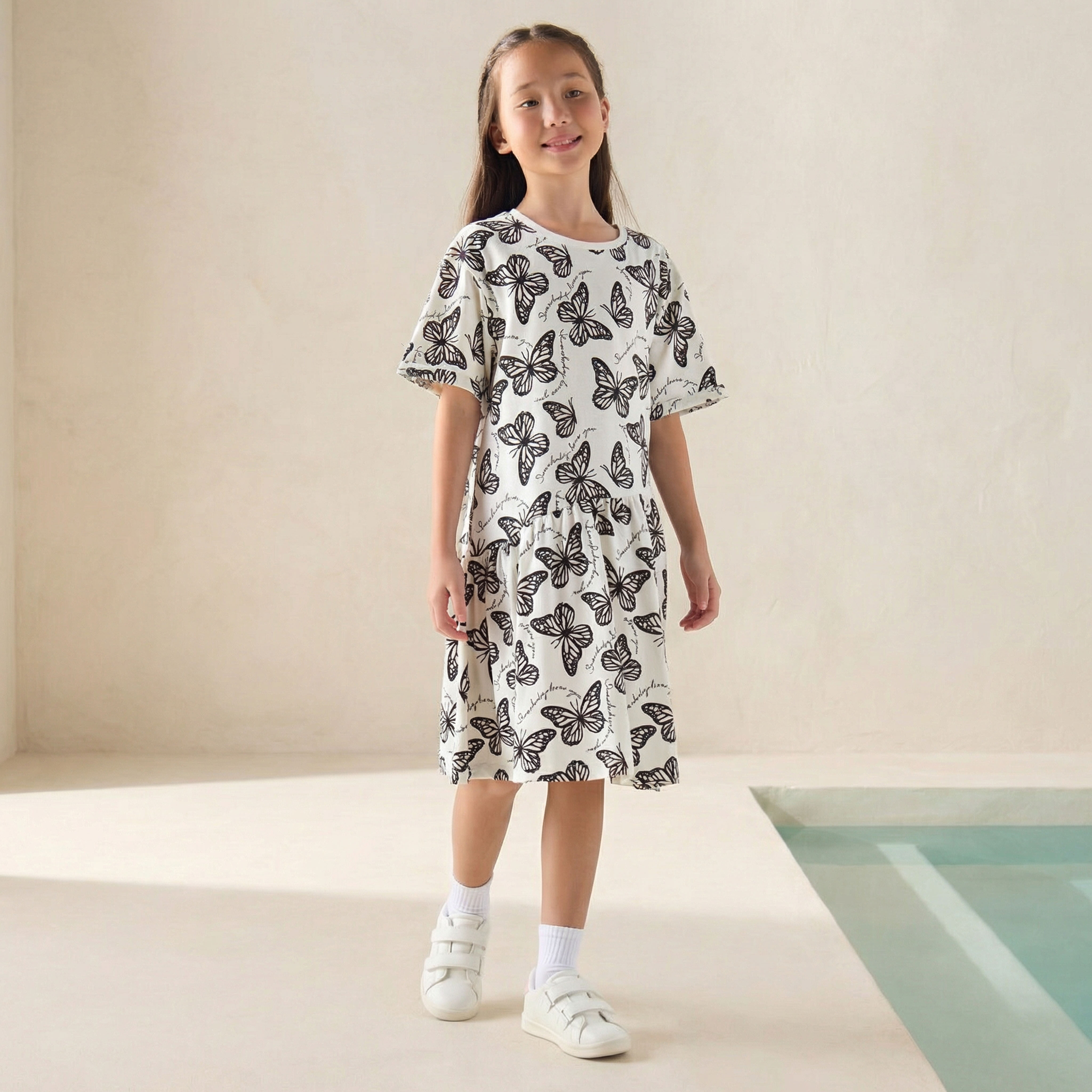 Juniors Round Neck Short Sleeves A-line Dress with Butterfly Print-girls-clothing-dressesandjumpsuits-image-1