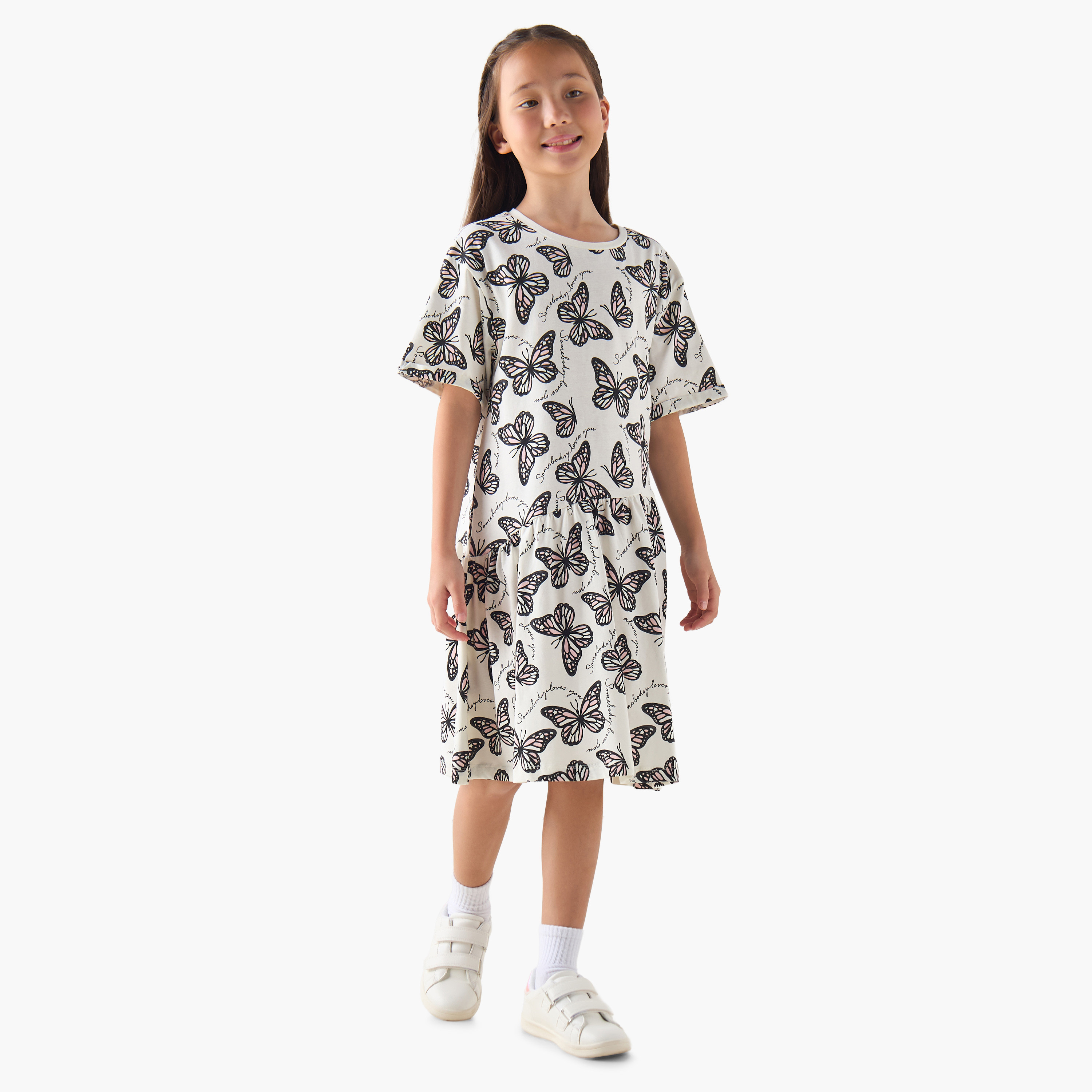 Juniors Round Neck Short Sleeves A-line Dress with Butterfly Print-girls-clothing-dressesandjumpsuits-image-2