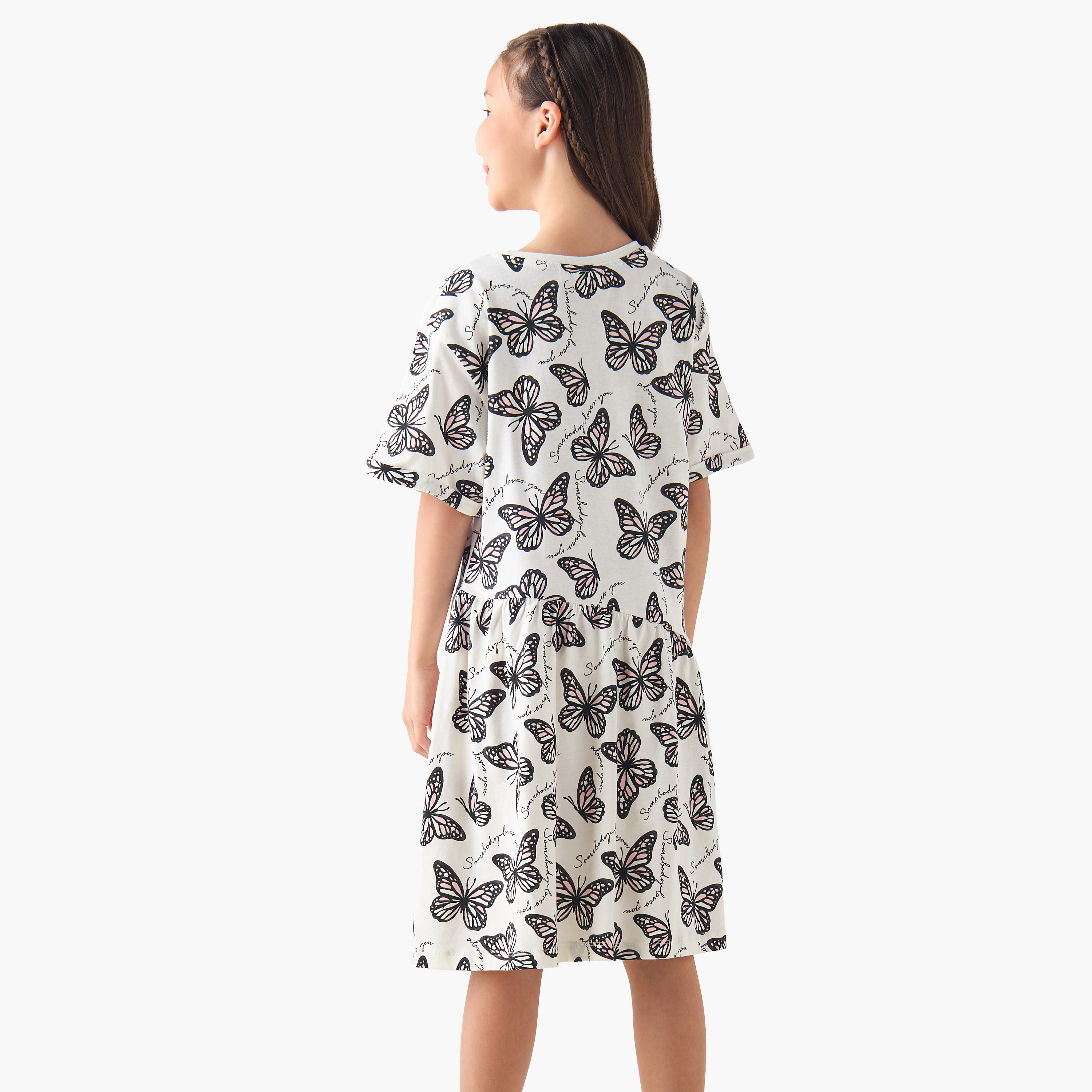 Juniors Round Neck Short Sleeves A-line Dress with Butterfly Print-girls-clothing-dressesandjumpsuits-image-3