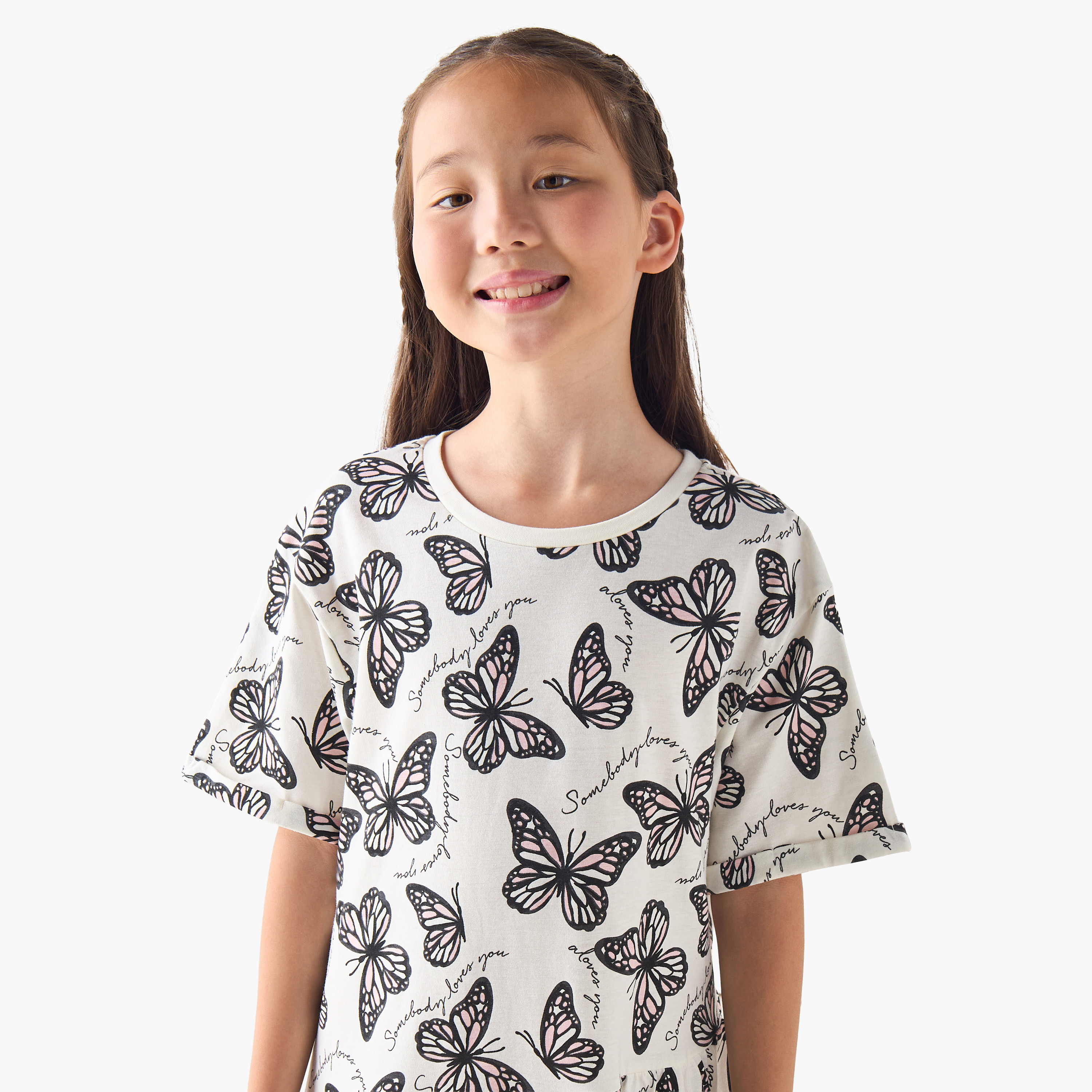 Juniors Round Neck Short Sleeves A-line Dress with Butterfly Print-girls-clothing-dressesandjumpsuits-image-4