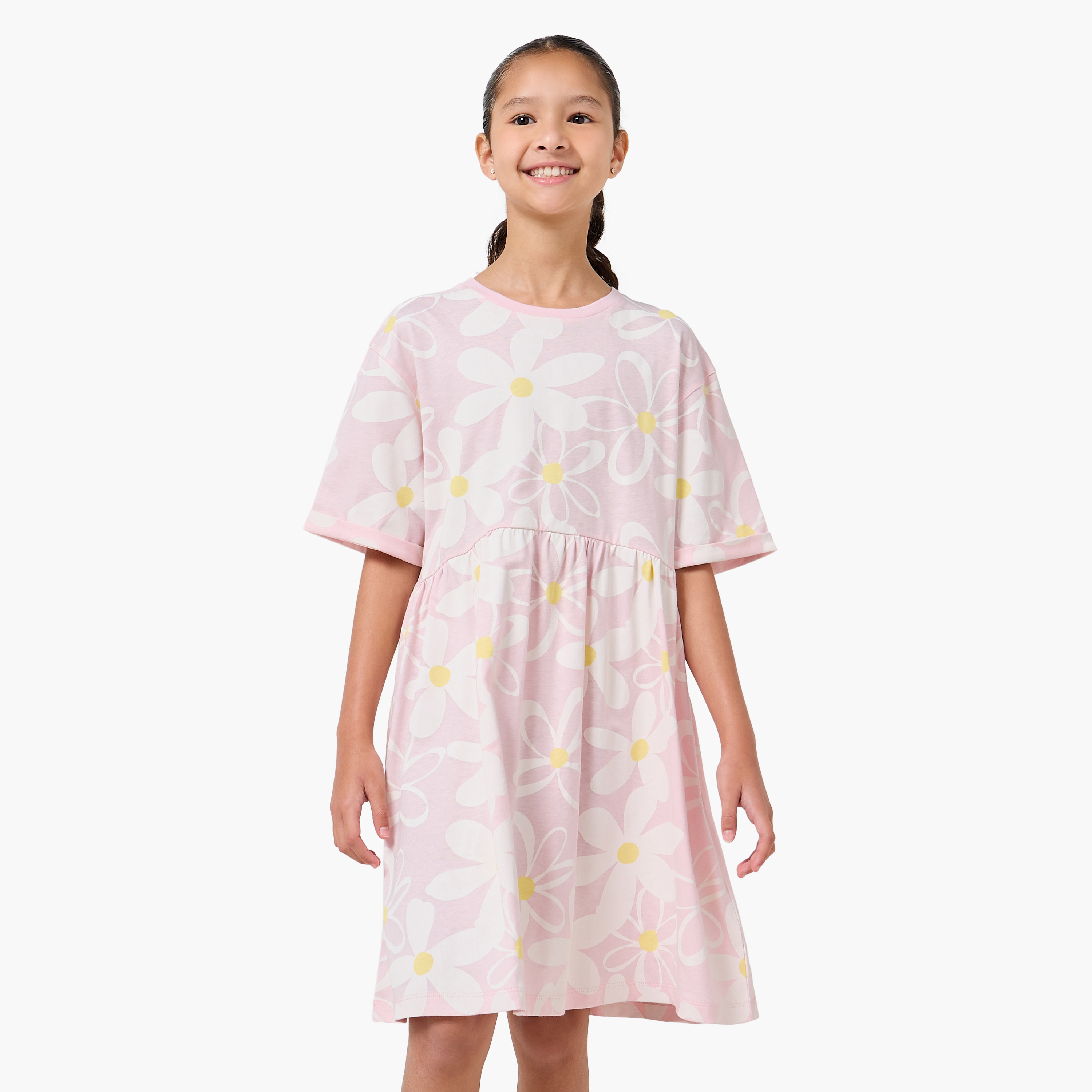 Juniors Round Neck Short Sleeves Knee Length A-line Dress with Floral Print-girls-clothing-dressesandjumpsuits-image-1