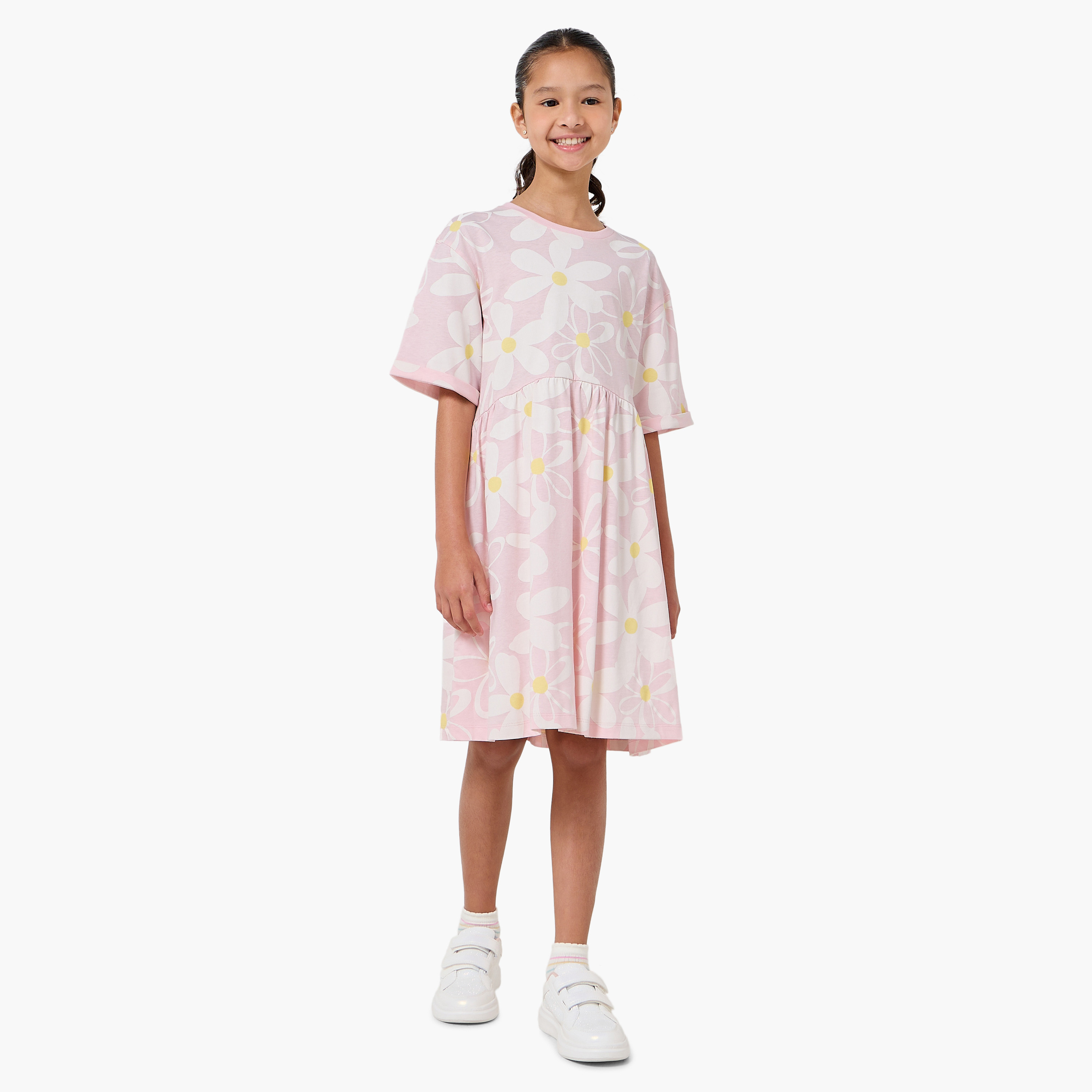 Juniors Round Neck Short Sleeves Knee Length A-line Dress with Floral Print-girls-clothing-dressesandjumpsuits-image-2
