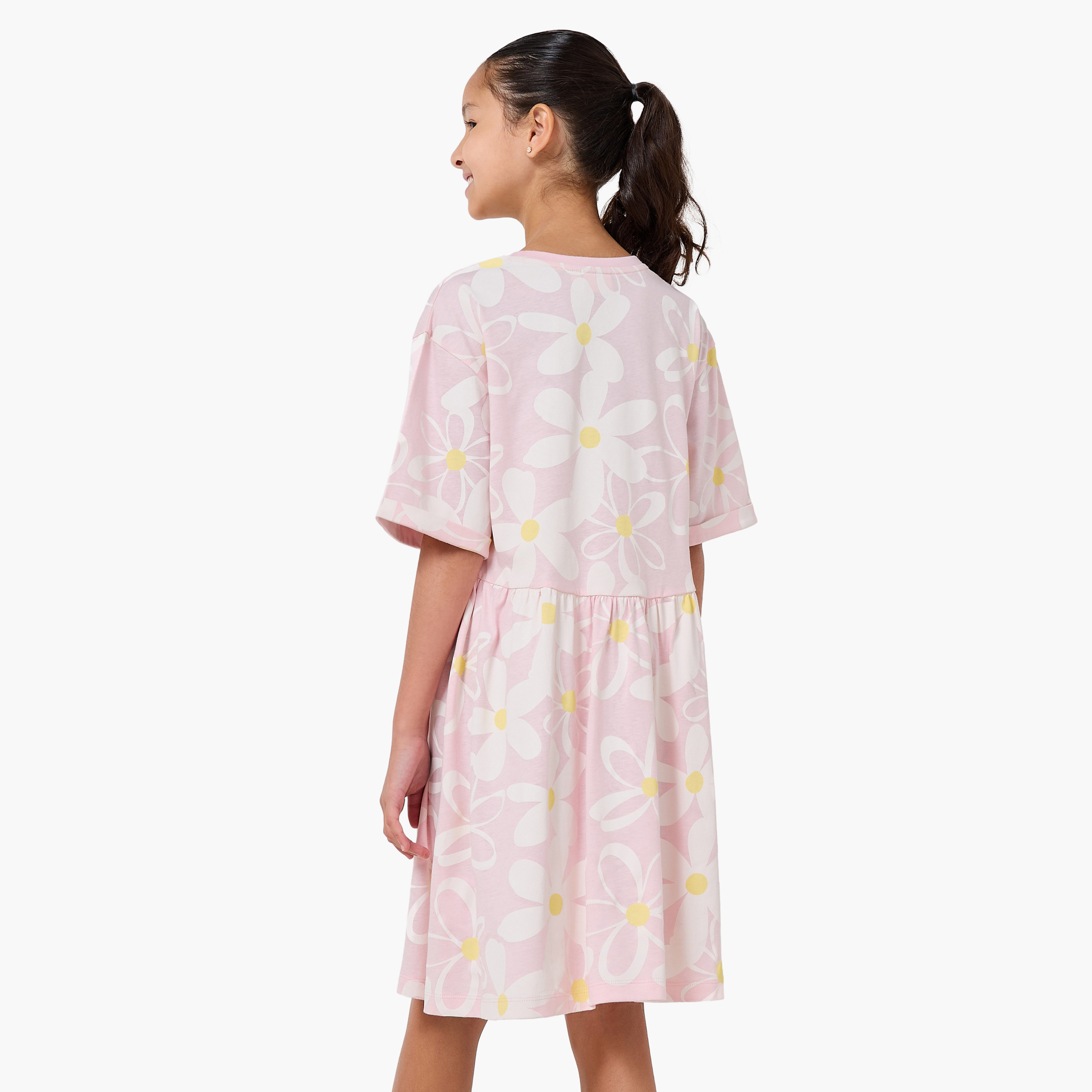 Juniors Round Neck Short Sleeves Knee Length A-line Dress with Floral Print-girls-clothing-dressesandjumpsuits-image-3