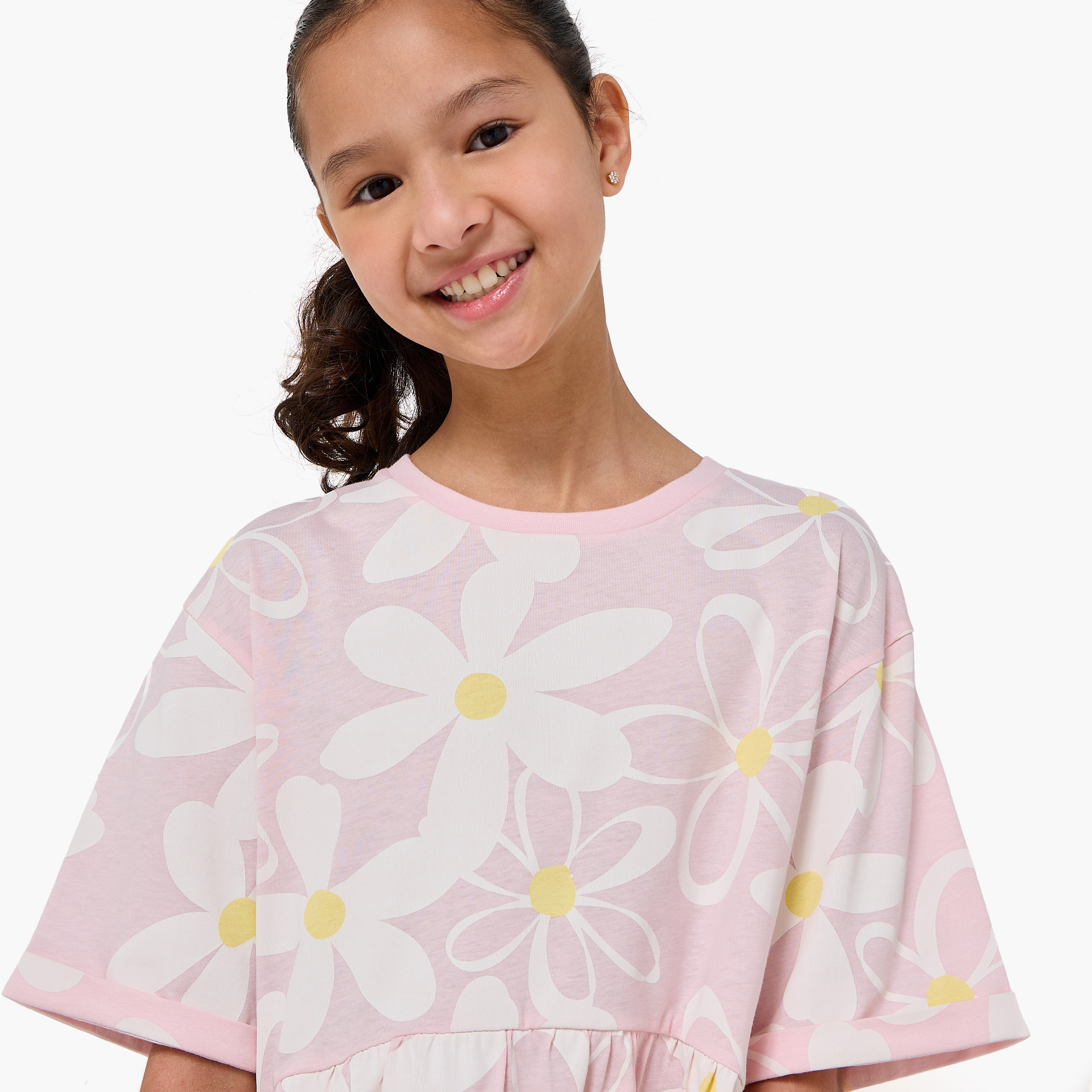 Juniors Round Neck Short Sleeves Knee Length A-line Dress with Floral Print-girls-clothing-dressesandjumpsuits-image-4