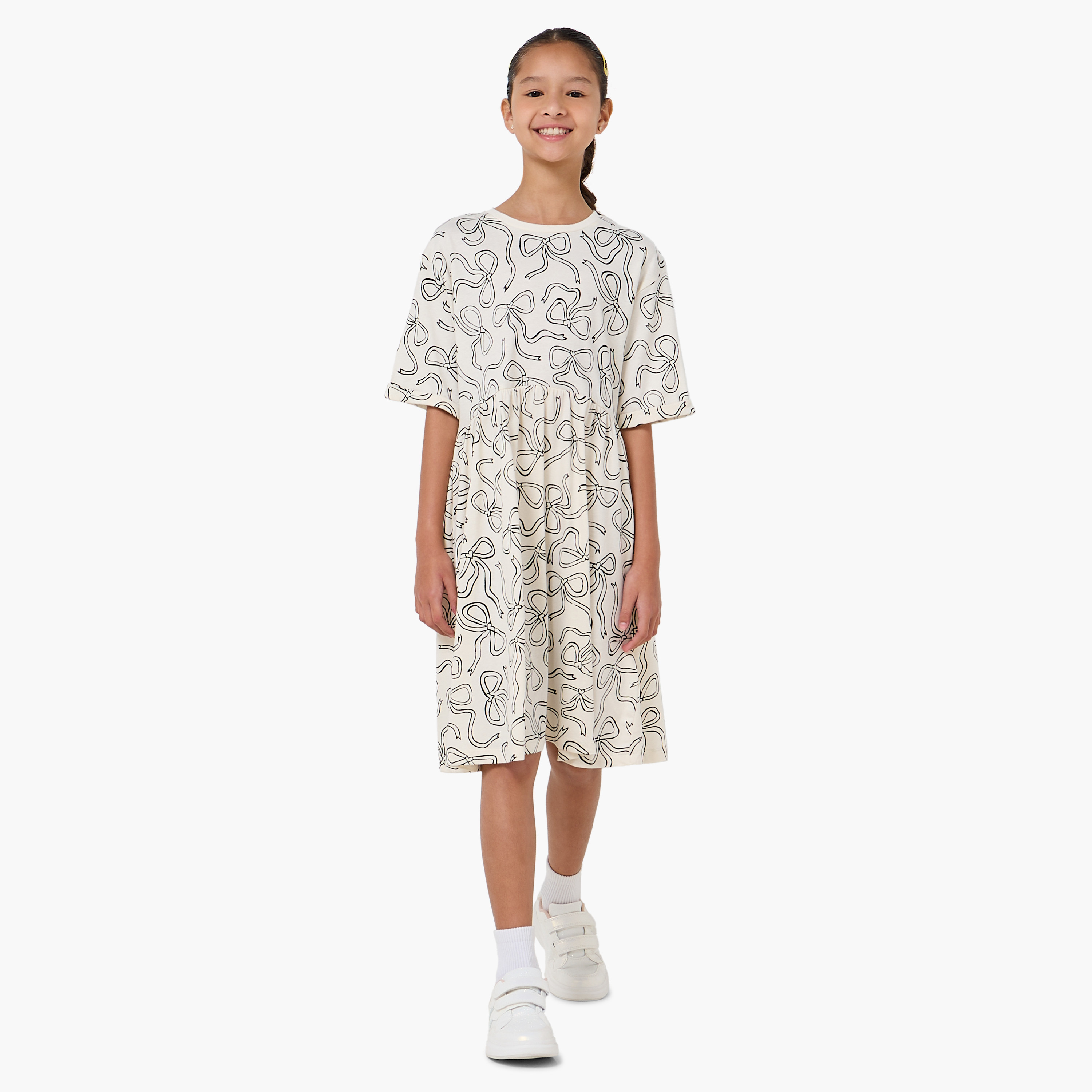 فستان طول الركبة إيه لاين بياقة مستديرة وأكمام قصيرة وطبعات من جونيورز-girls-clothing-dressesandjumpsuits-image-2
