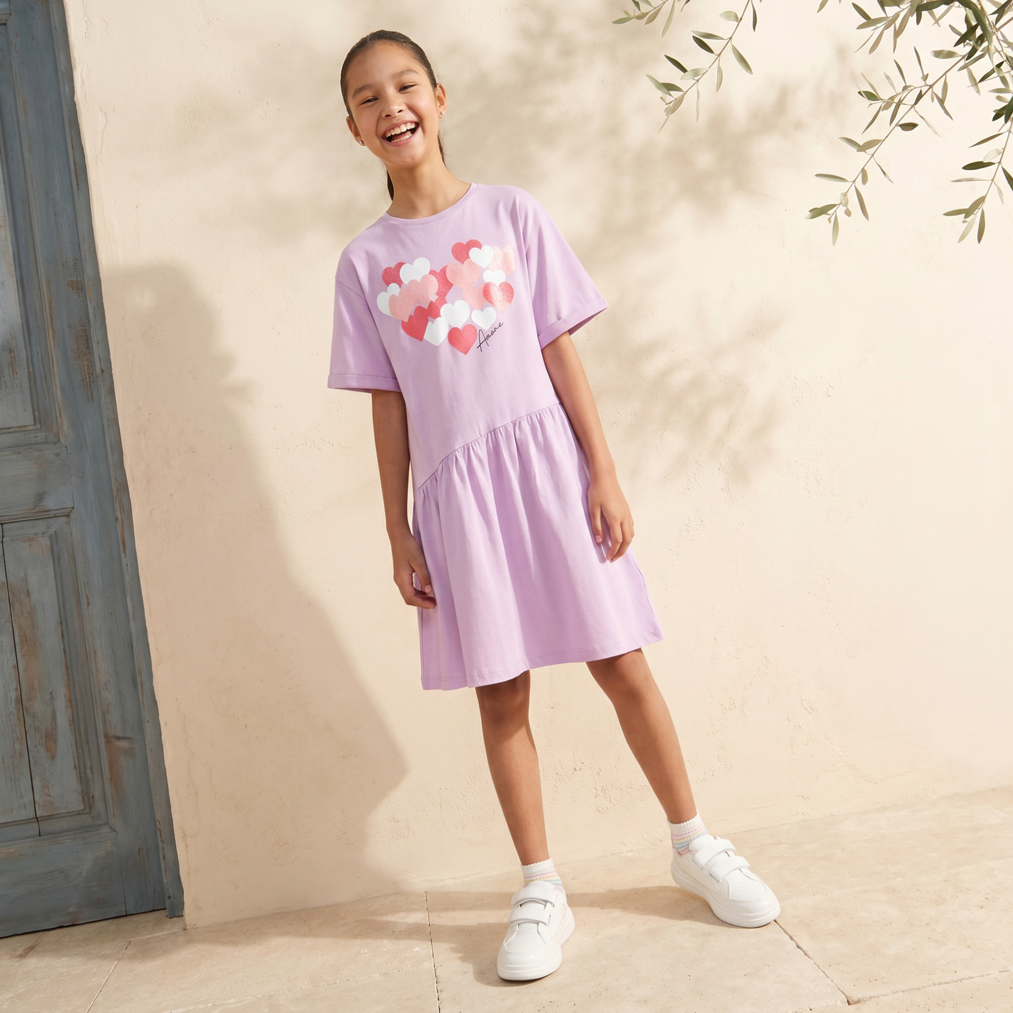 Juniors Round Neck Short Sleeves Knee Length Drop Waist Dress with Heart Print-girls-clothing-dressesandjumpsuits-image-1