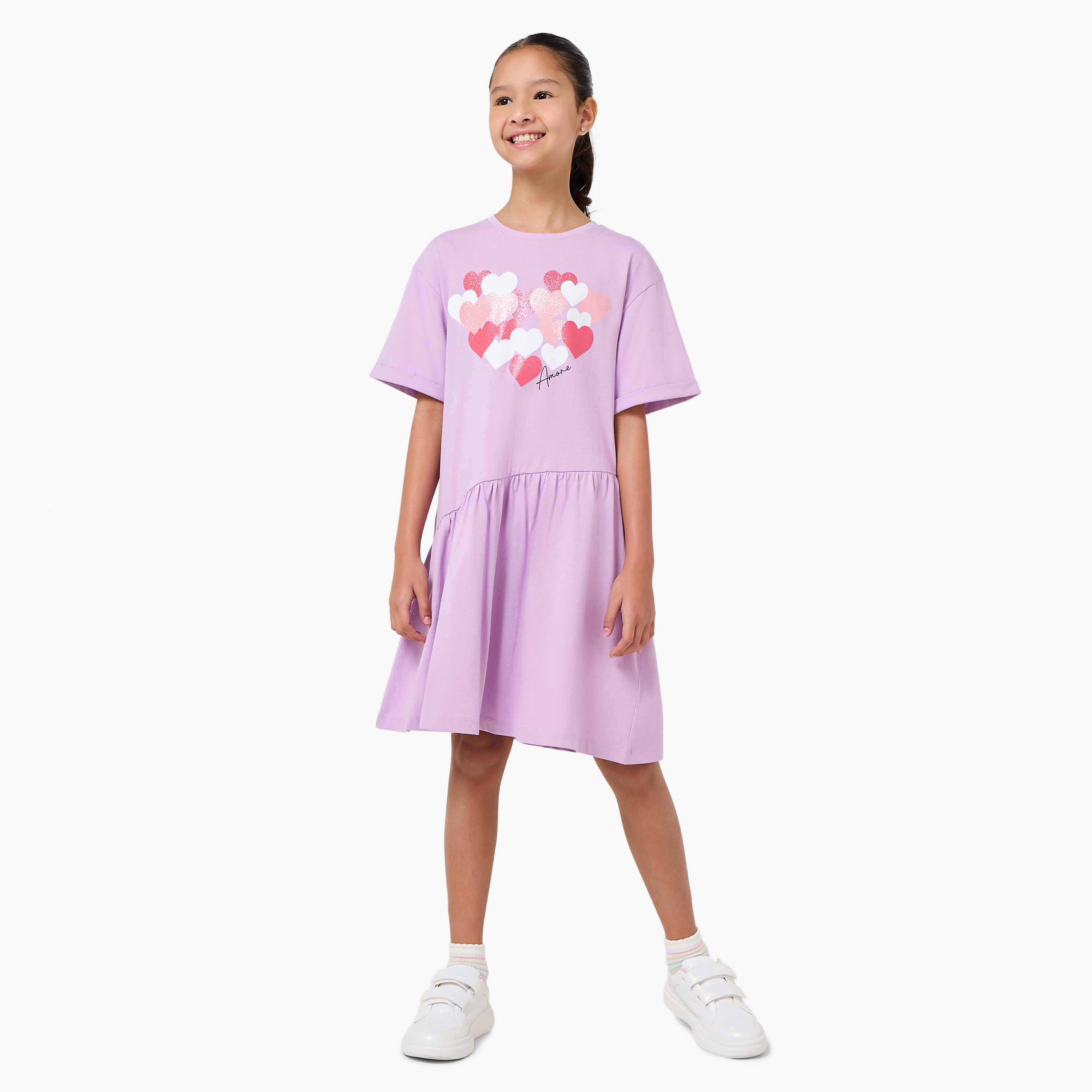 Juniors Round Neck Short Sleeves Knee Length Drop Waist Dress with Heart Print-girls-clothing-dressesandjumpsuits-image-2