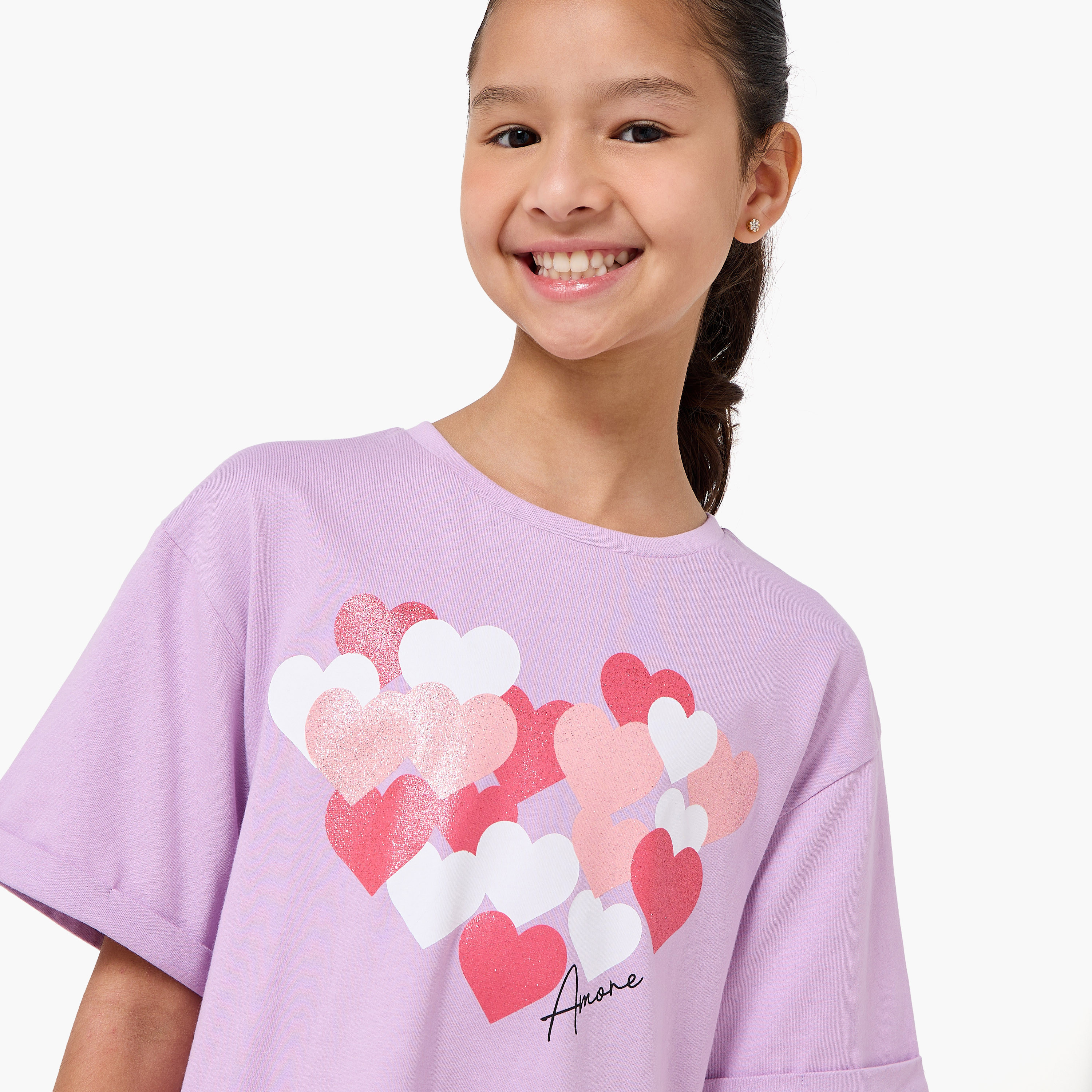 Juniors Round Neck Short Sleeves Knee Length Drop Waist Dress with Heart Print-girls-clothing-dressesandjumpsuits-image-4