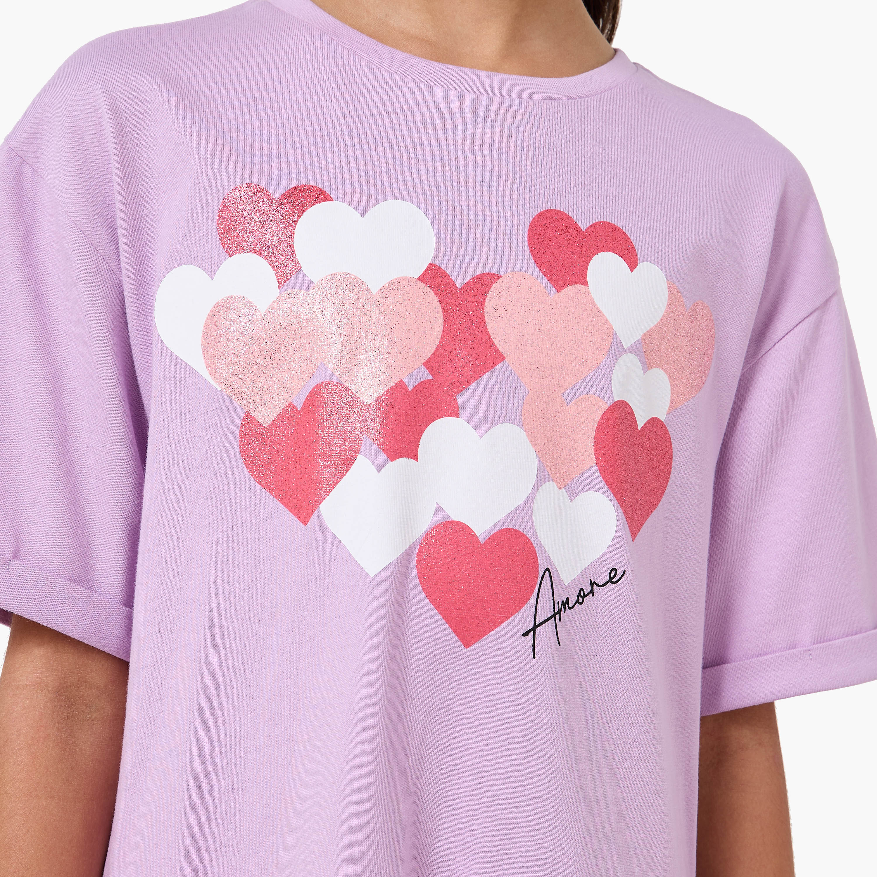 Juniors Round Neck Short Sleeves Knee Length Drop Waist Dress with Heart Print-girls-clothing-dressesandjumpsuits-image-5