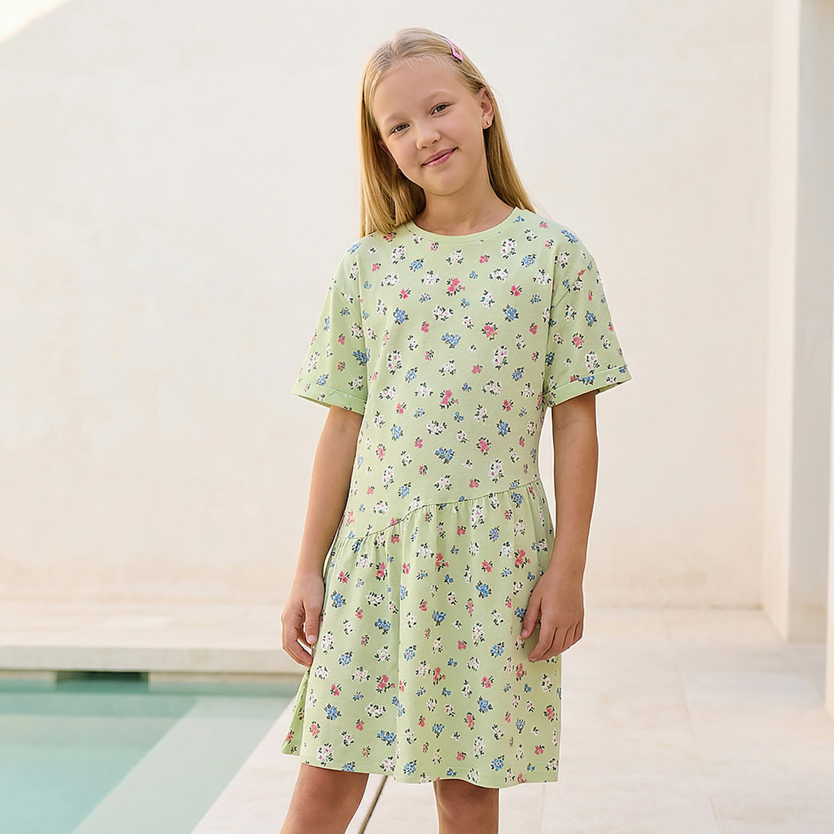 Juniors Round Neck Short Sleeves Knee Length Dropwaist Dress with Floral Print-girls-clothing-dressesandjumpsuits-image-1