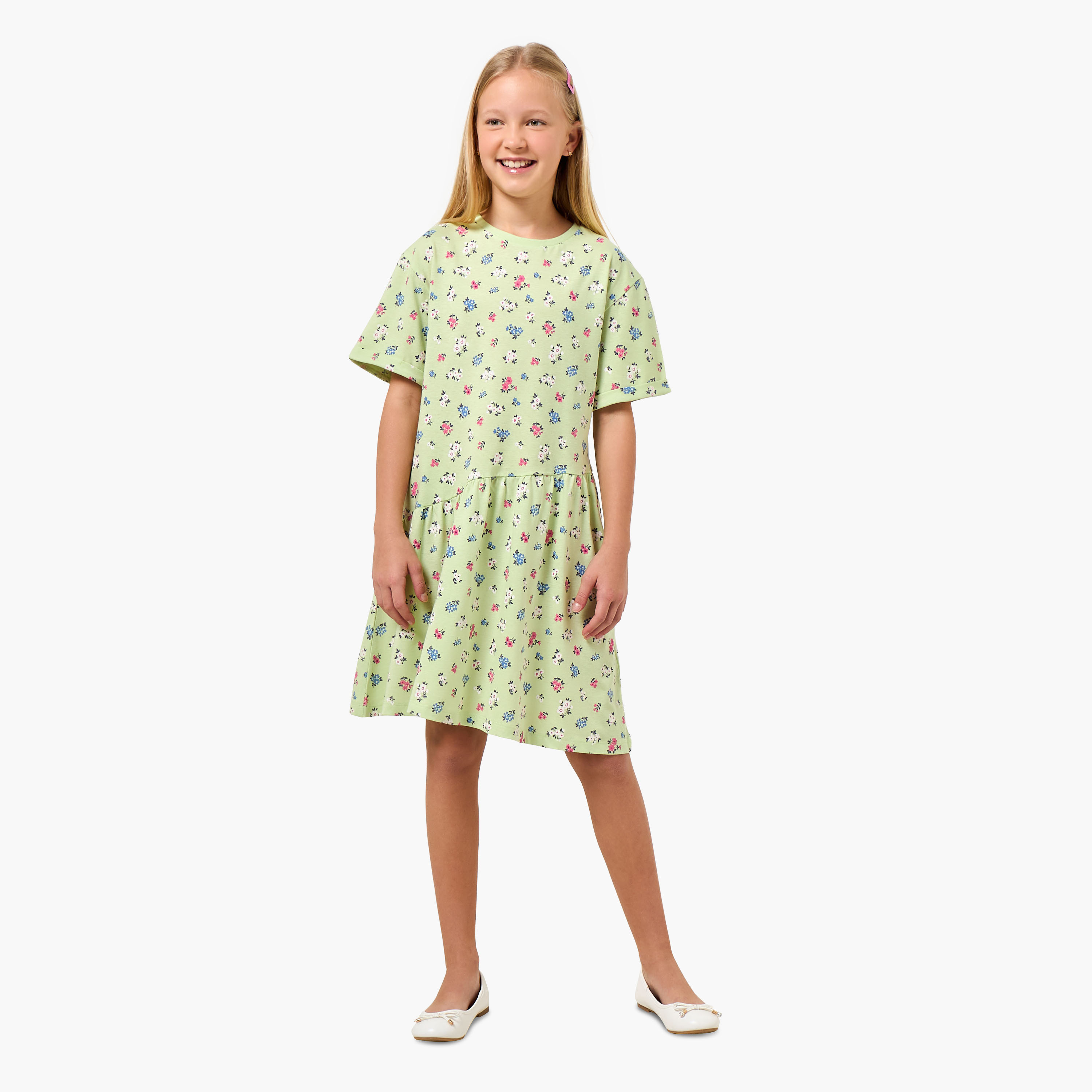 Juniors Round Neck Short Sleeves Knee Length Dropwaist Dress with Floral Print-girls-clothing-dressesandjumpsuits-image-2