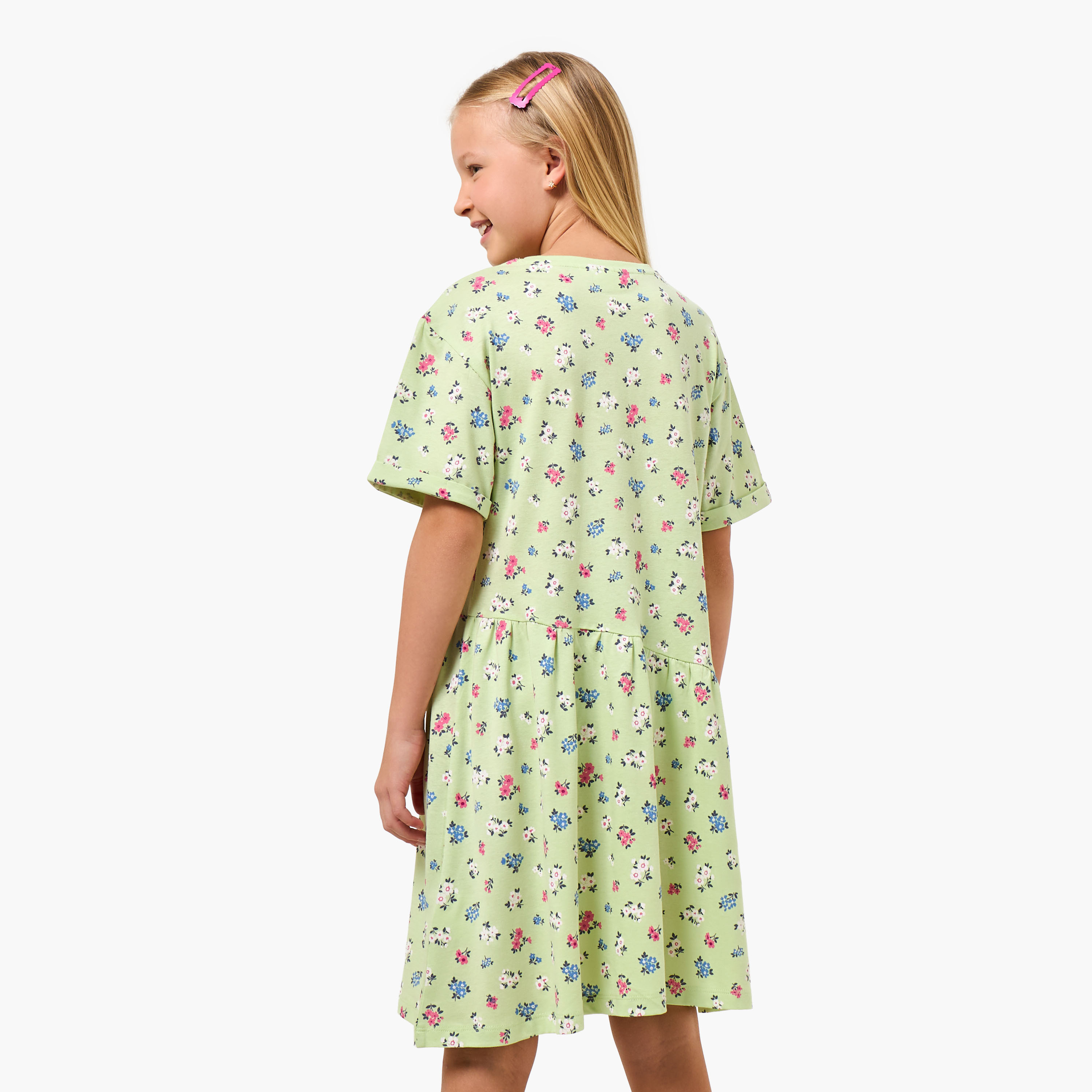Juniors Round Neck Short Sleeves Knee Length Dropwaist Dress with Floral Print-girls-clothing-dressesandjumpsuits-image-3