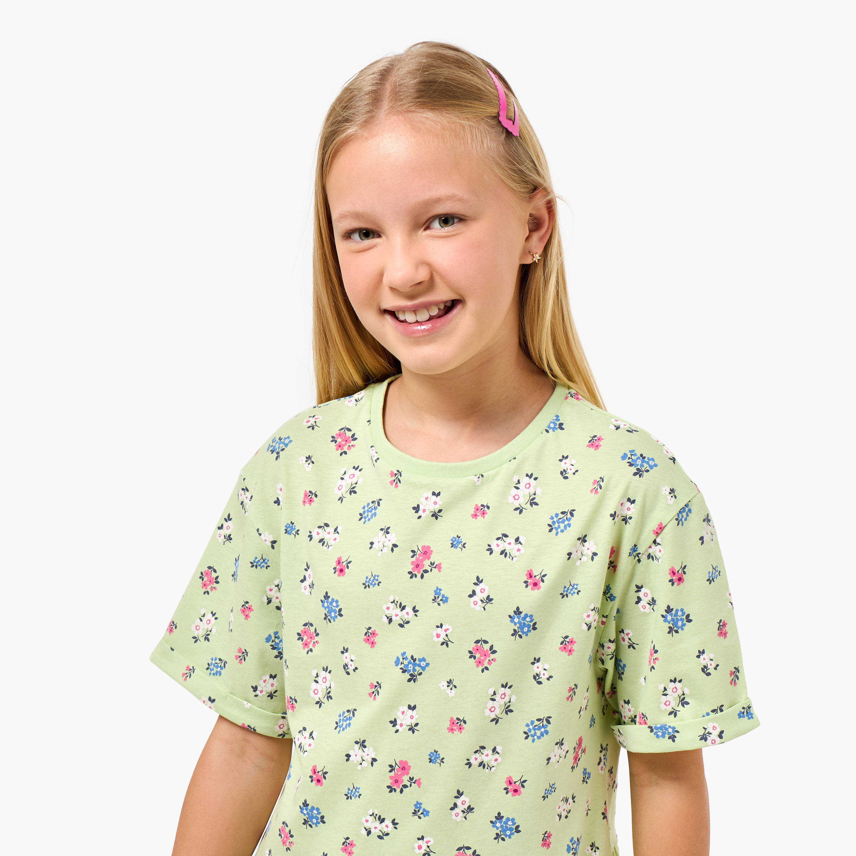 Juniors Round Neck Short Sleeves Knee Length Dropwaist Dress with Floral Print-girls-clothing-dressesandjumpsuits-image-4