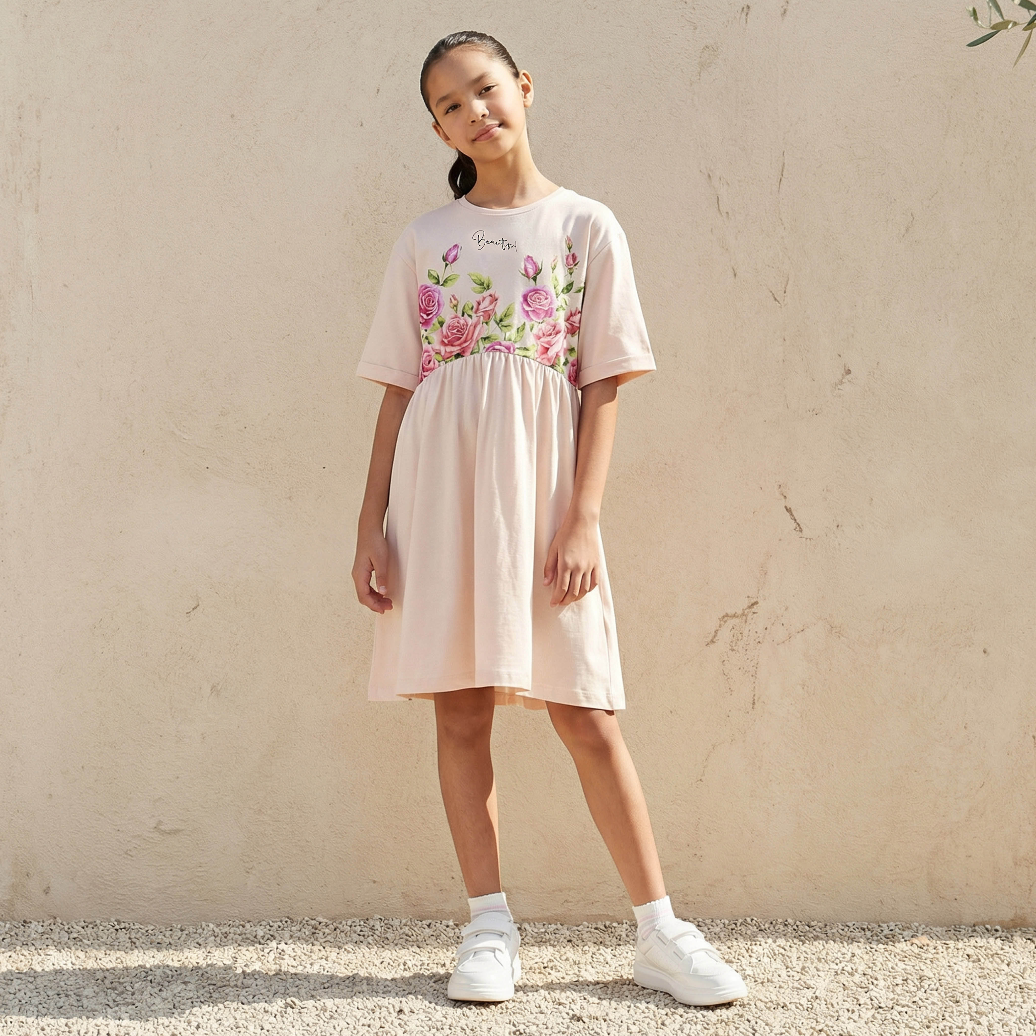 Juniors Round Neck Short Sleeves Knee Length A-line Dress with Floral Print-girls-clothing-dressesandjumpsuits-image-1