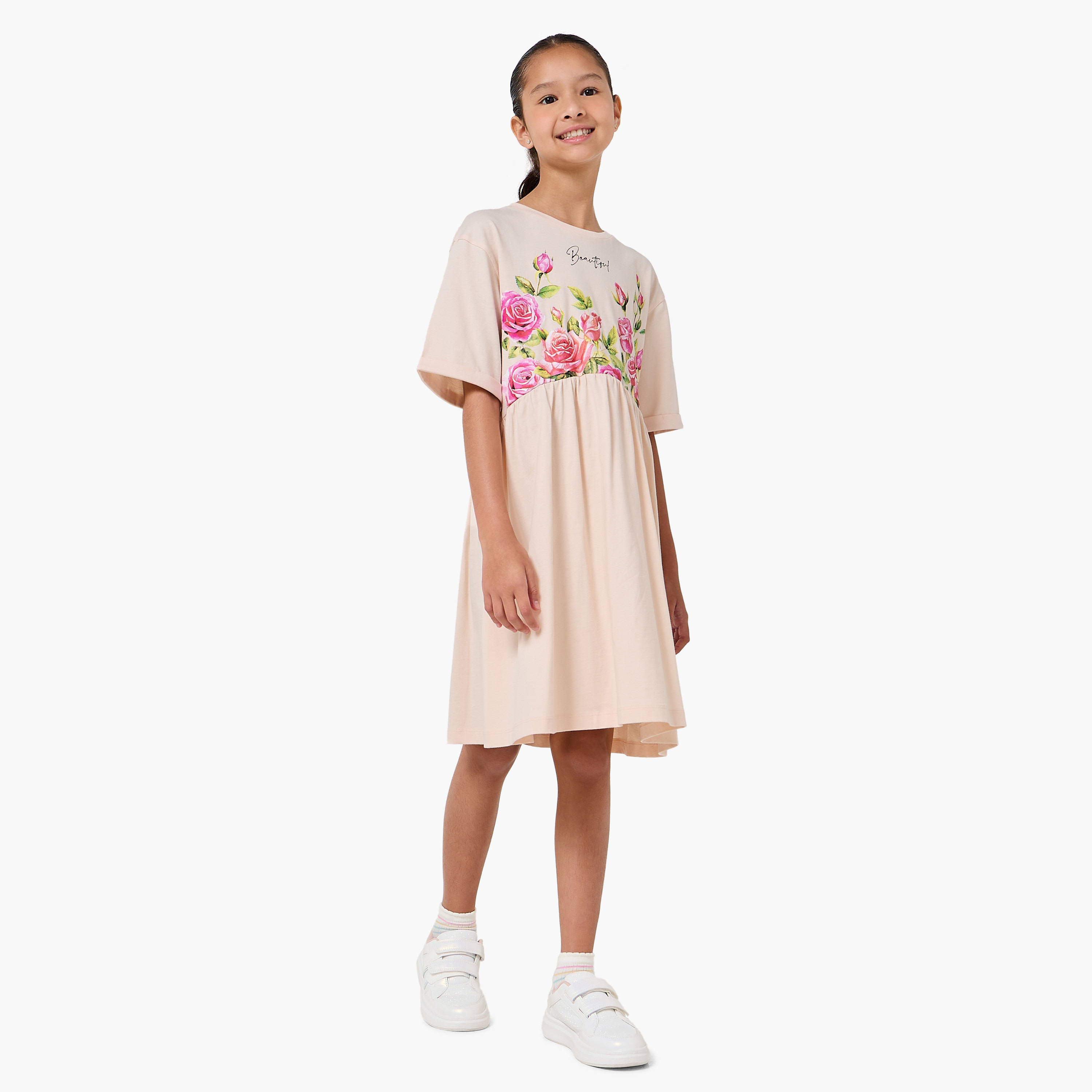 Juniors Round Neck Short Sleeves Knee Length A-line Dress with Floral Print-girls-clothing-dressesandjumpsuits-image-2