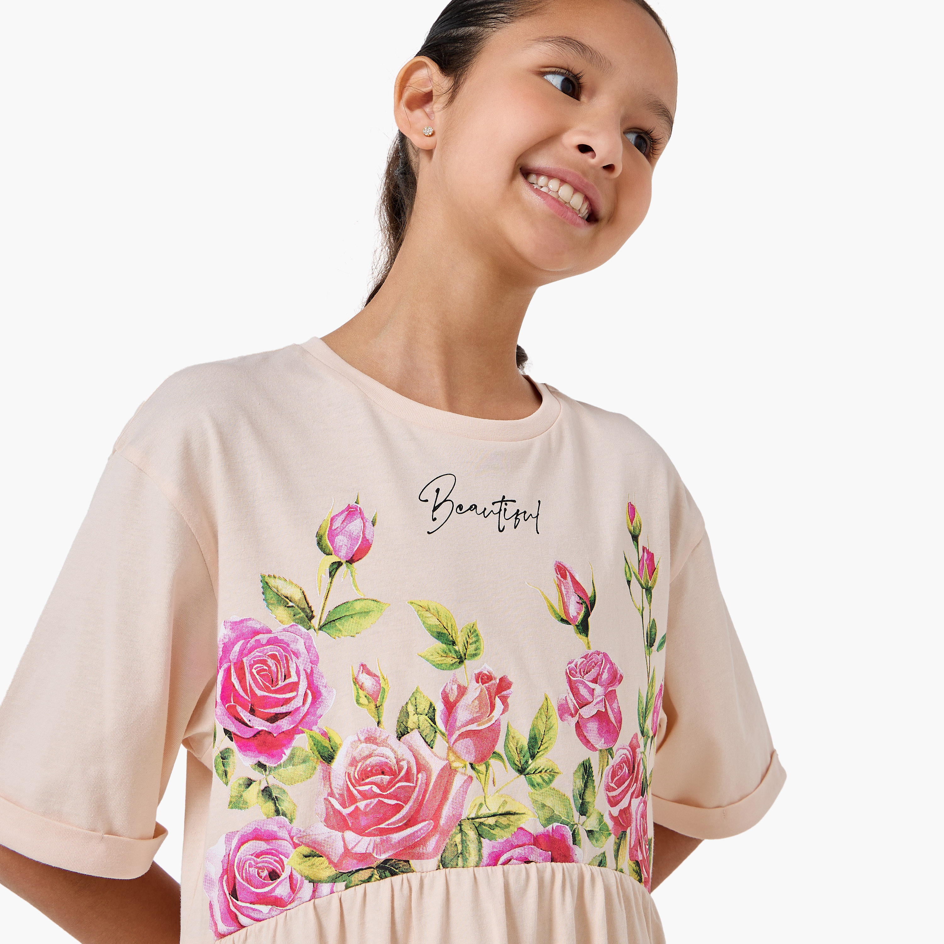 Juniors Round Neck Short Sleeves Knee Length A-line Dress with Floral Print-girls-clothing-dressesandjumpsuits-image-4