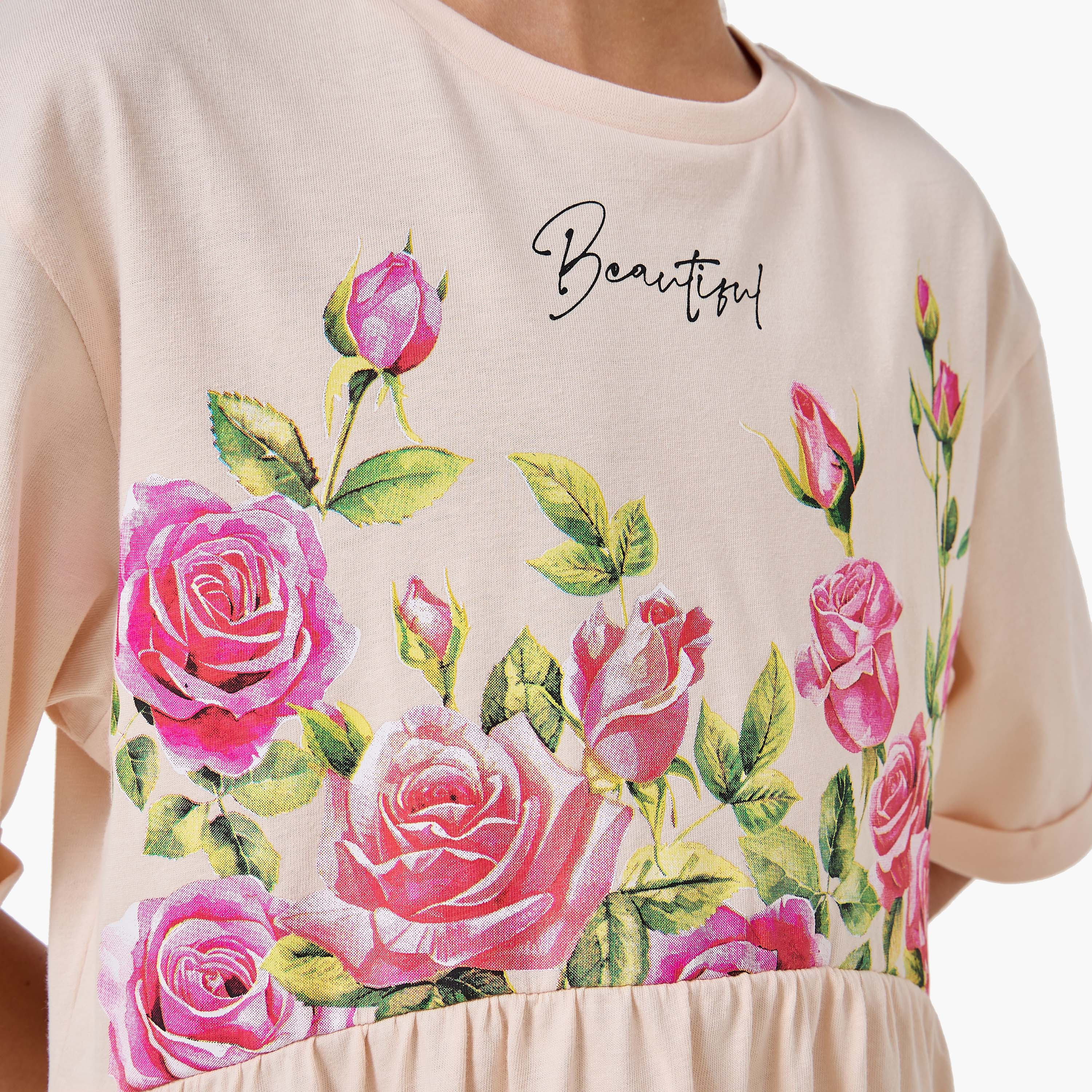 Juniors Round Neck Short Sleeves Knee Length A-line Dress with Floral Print-girls-clothing-dressesandjumpsuits-image-5