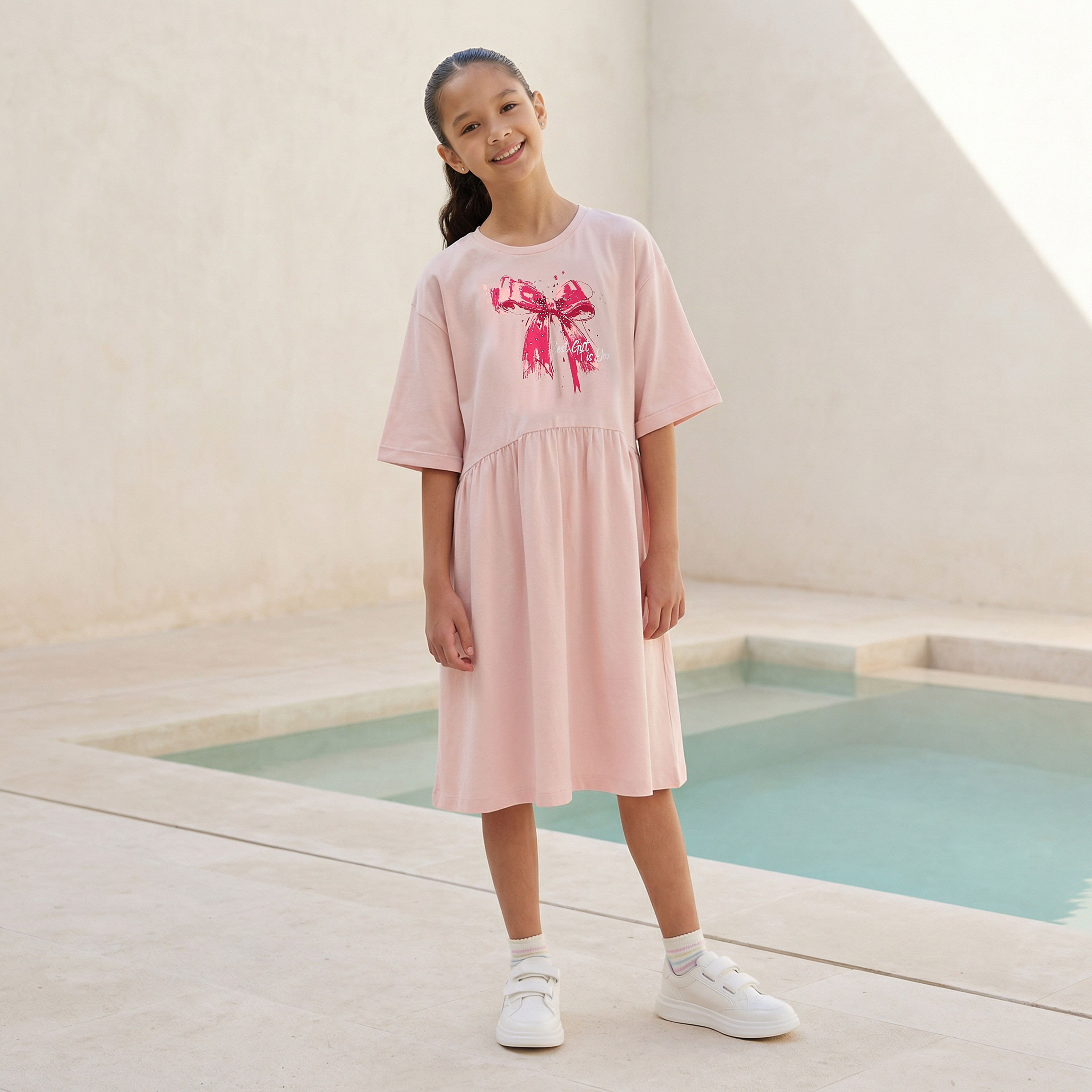 Juniors Round Neck Short Sleeves Knee Length A-line Dress with Bow Print-girls-clothing-dressesandjumpsuits-image-1