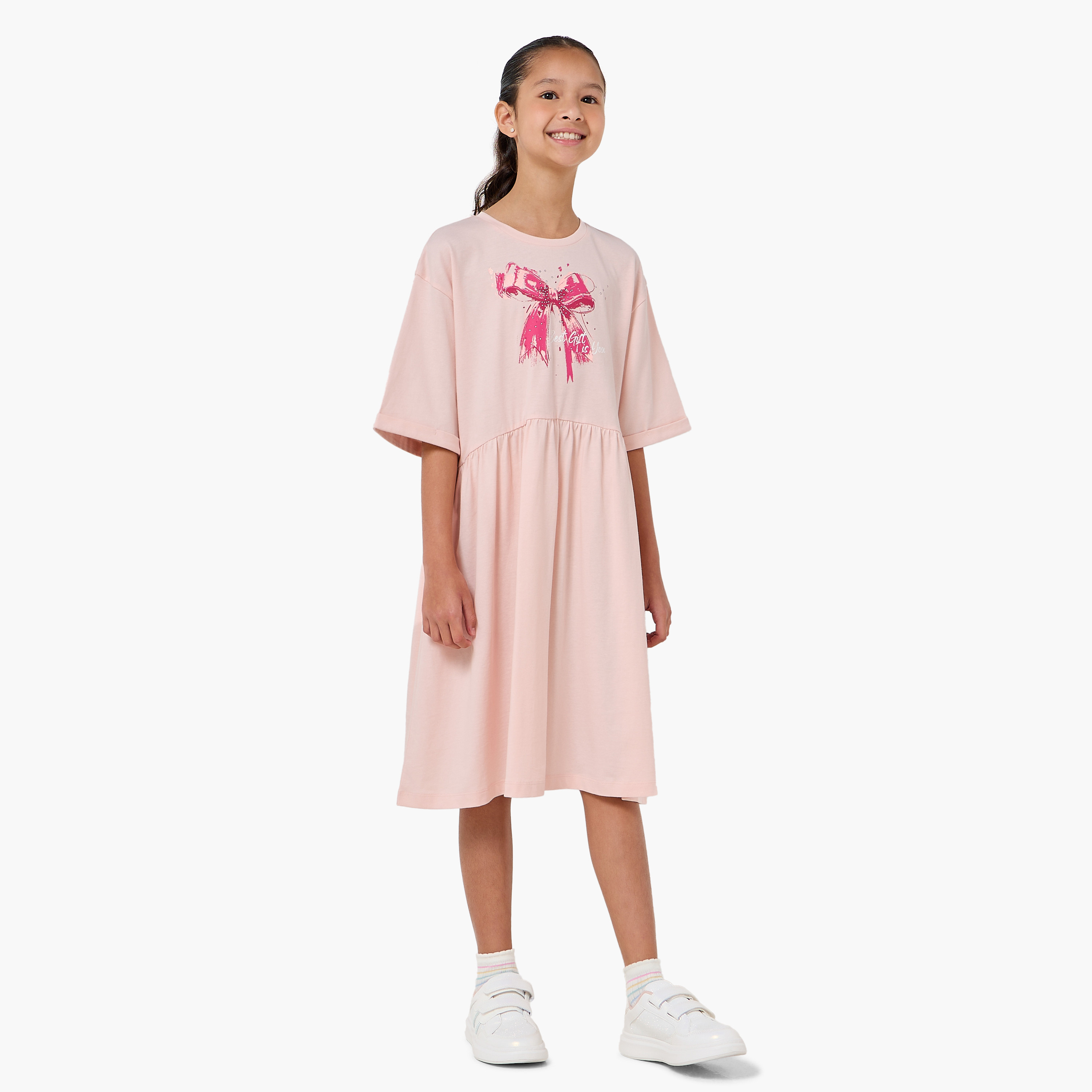 Juniors Round Neck Short Sleeves Knee Length A-line Dress with Bow Print-girls-clothing-dressesandjumpsuits-image-2