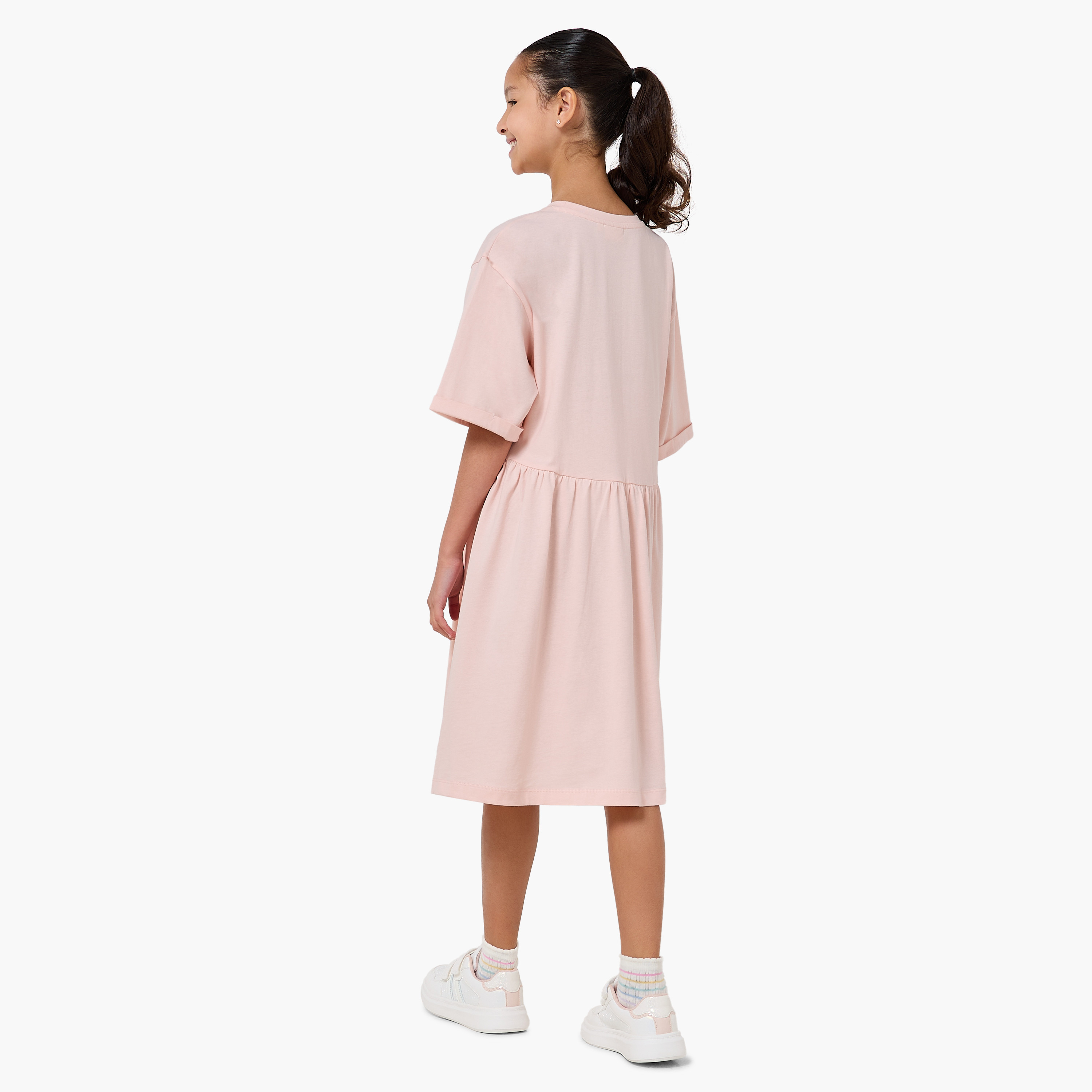 Juniors Round Neck Short Sleeves Knee Length A-line Dress with Bow Print-girls-clothing-dressesandjumpsuits-image-3