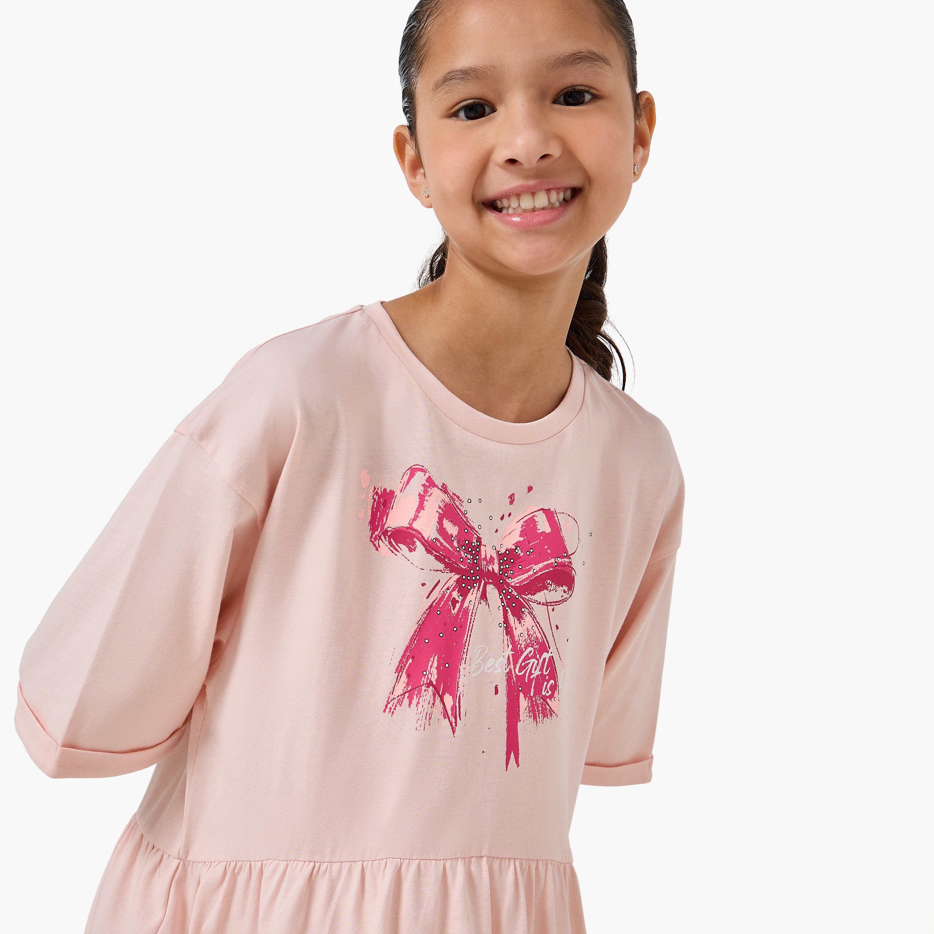 Juniors Round Neck Short Sleeves Knee Length A-line Dress with Bow Print-girls-clothing-dressesandjumpsuits-image-4
