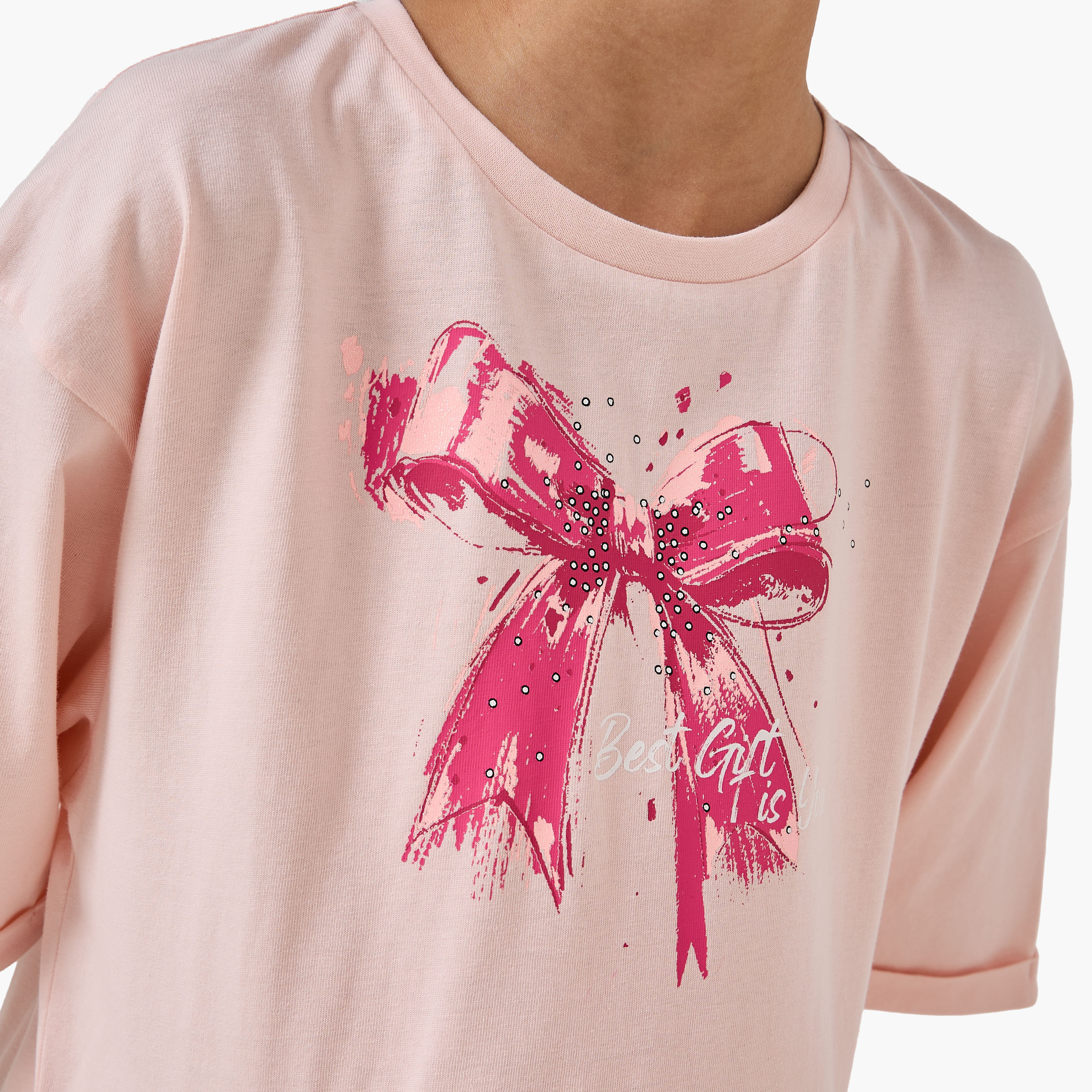 Juniors Round Neck Short Sleeves Knee Length A-line Dress with Bow Print-girls-clothing-dressesandjumpsuits-image-5