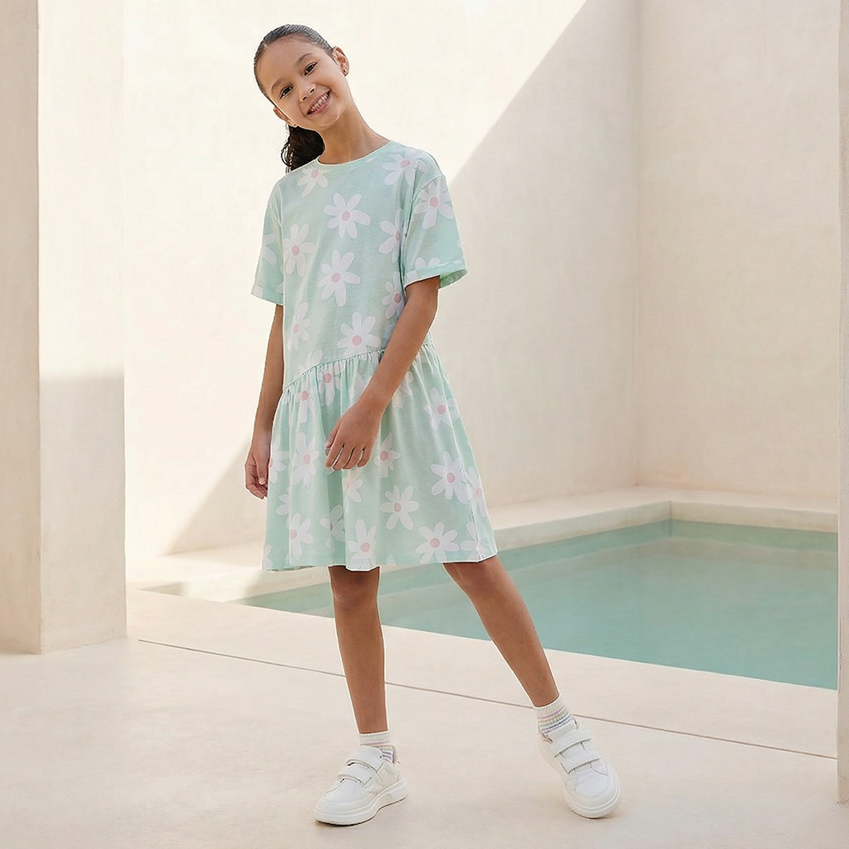 Juniors Round Neck Short Sleeves Knee Length Drop Waist Dress with Floral Print-girls-clothing-dressesandjumpsuits-image-1