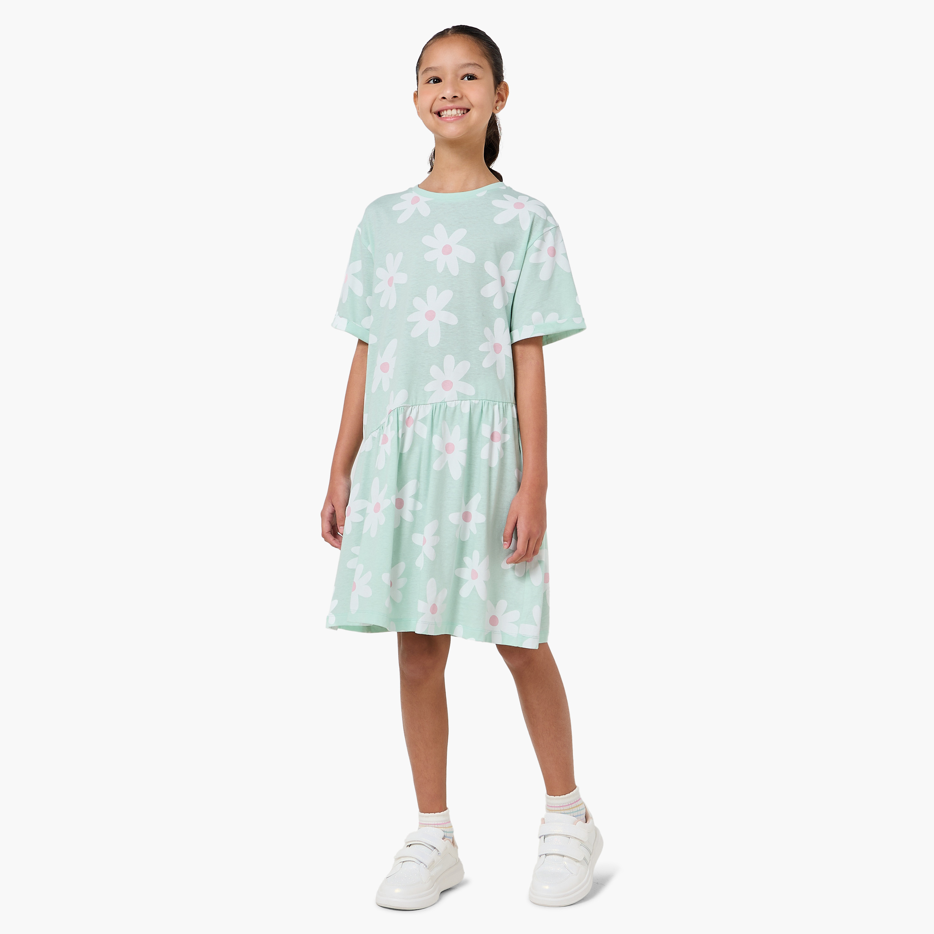 Juniors Round Neck Short Sleeves Knee Length Drop Waist Dress with Floral Print-girls-clothing-dressesandjumpsuits-image-2
