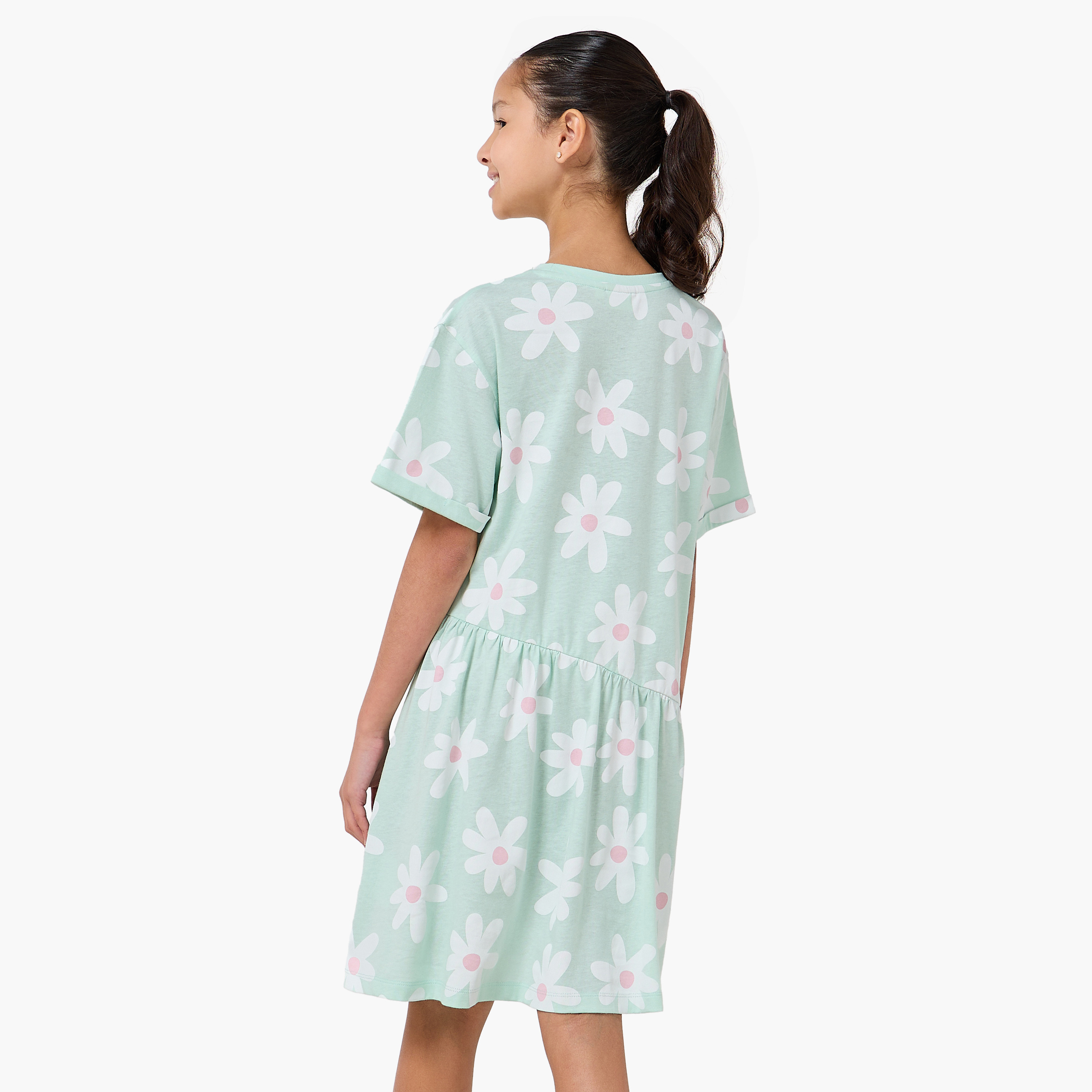 Juniors Round Neck Short Sleeves Knee Length Drop Waist Dress with Floral Print-girls-clothing-dressesandjumpsuits-image-3