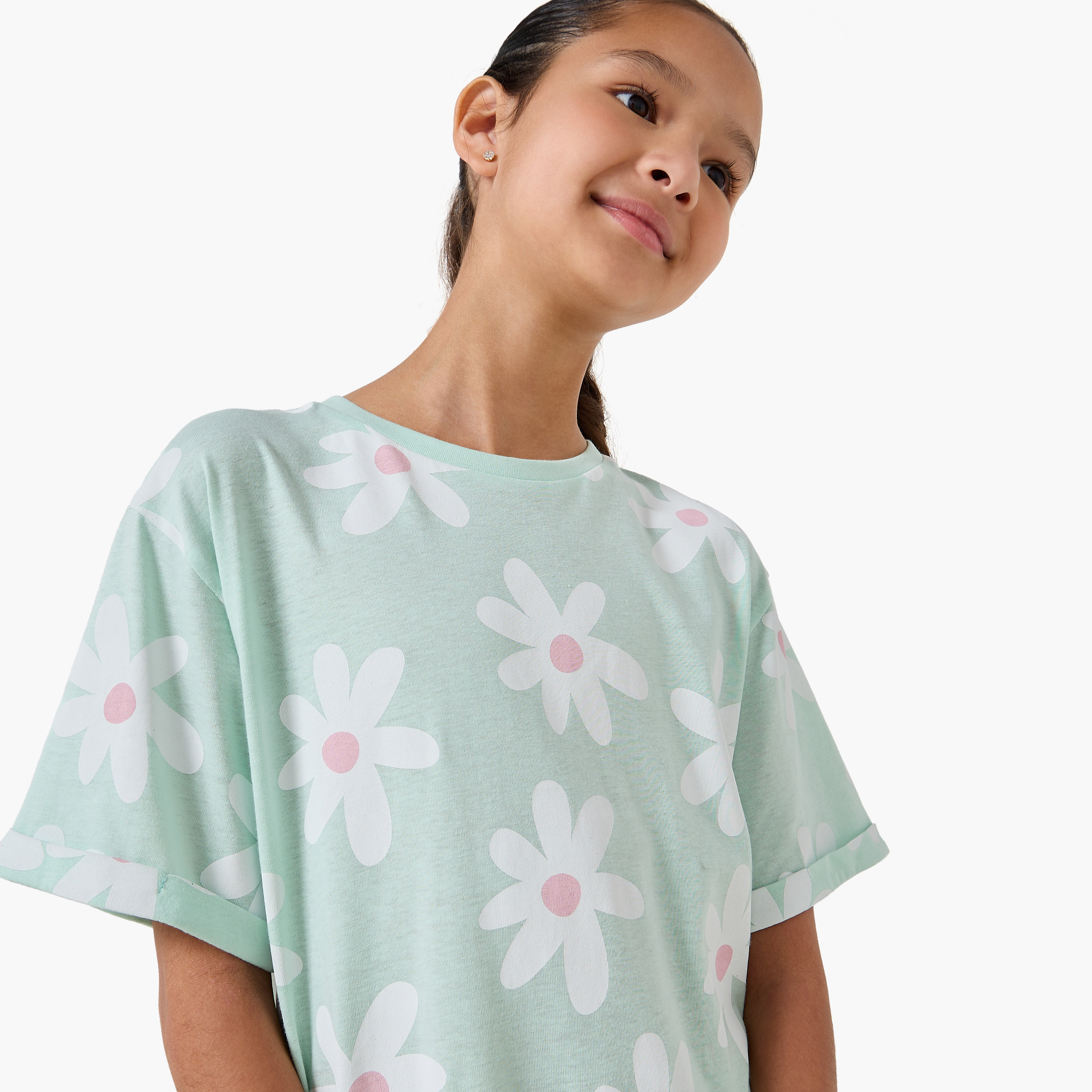 Juniors Round Neck Short Sleeves Knee Length Drop Waist Dress with Floral Print-girls-clothing-dressesandjumpsuits-image-4
