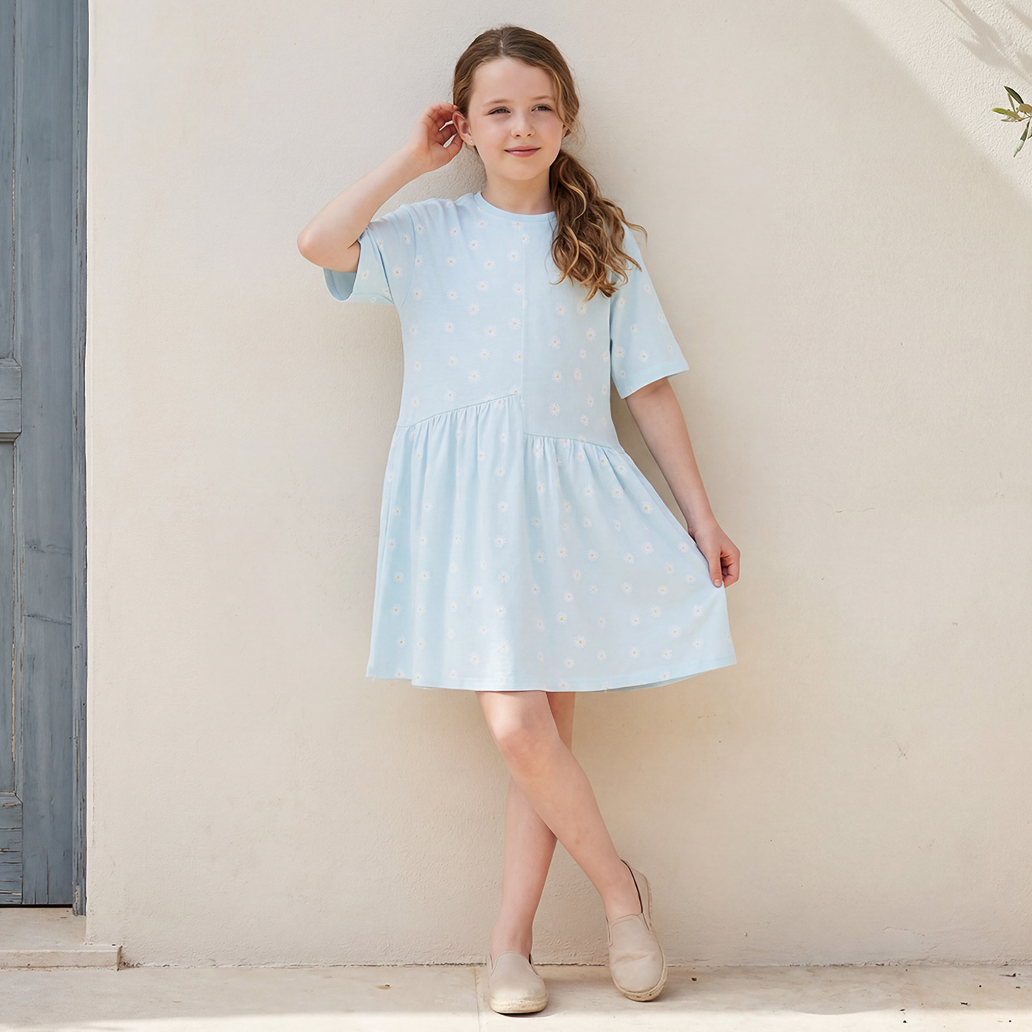 Juniors Round Neck Short Sleeves Knee Length A-line Dress with Floral Print-girls-clothing-dressesandjumpsuits-image-1