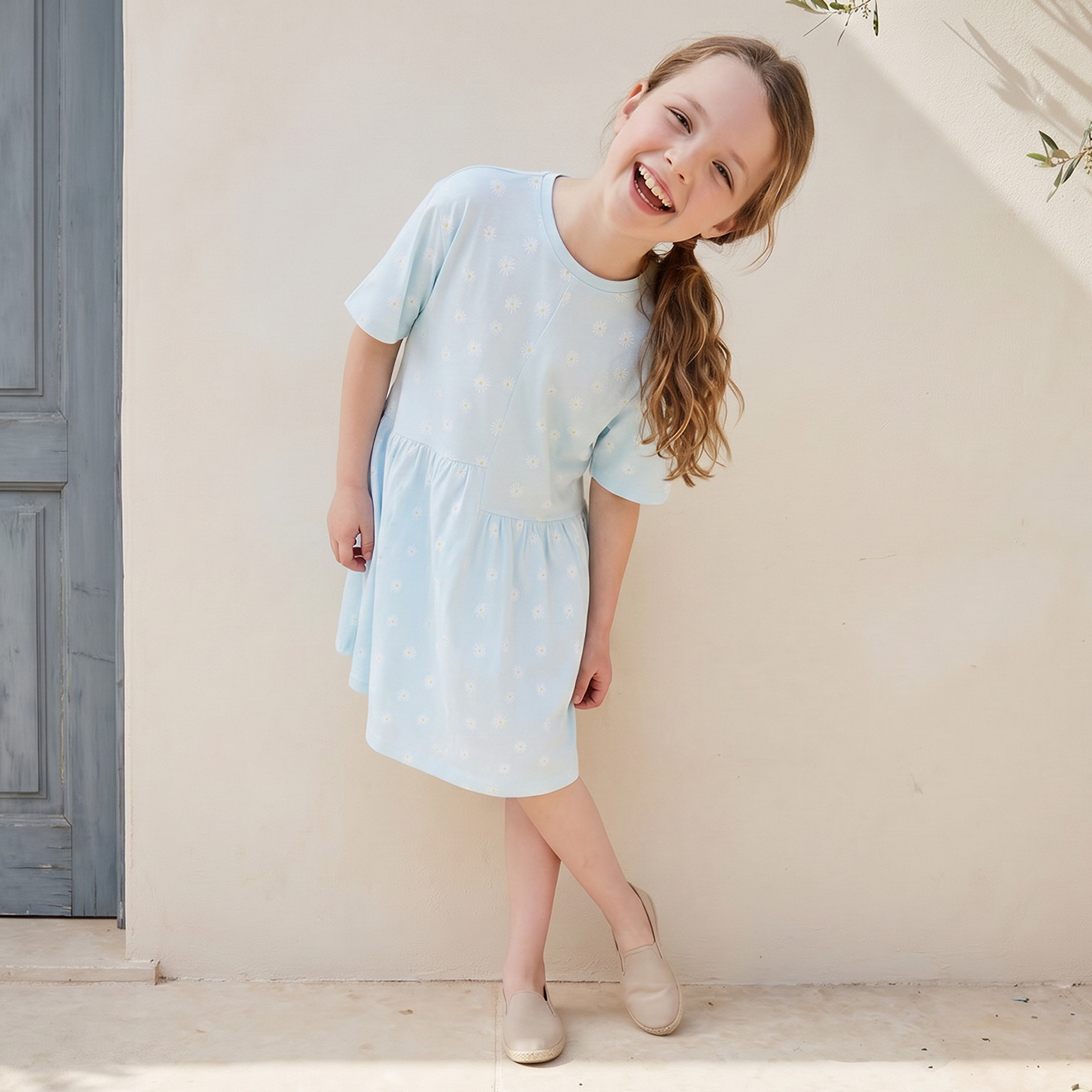 Juniors Round Neck Short Sleeves Knee Length A-line Dress with Floral Print-girls-clothing-dressesandjumpsuits-image-2