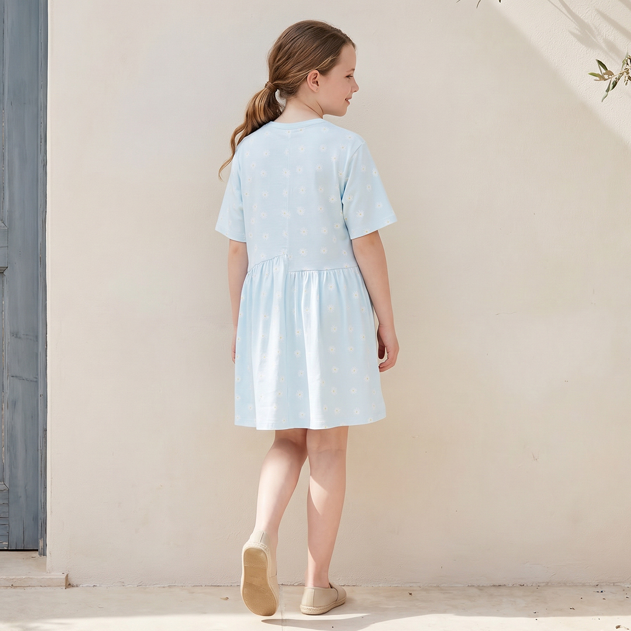 Juniors Round Neck Short Sleeves Knee Length A-line Dress with Floral Print-girls-clothing-dressesandjumpsuits-image-3