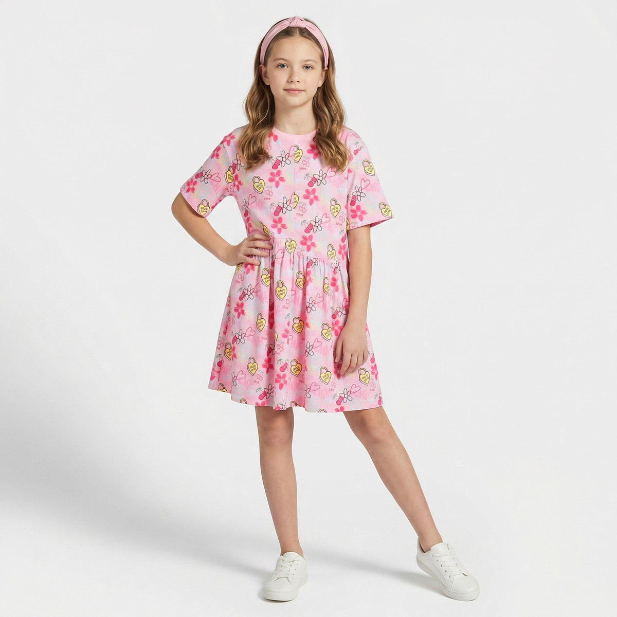 فستان إيه لاين بأكمام قصيرة وياقة مستديرة وطبعات زهرية من جونيورز-girls-clothing-dressesandjumpsuits-image-1