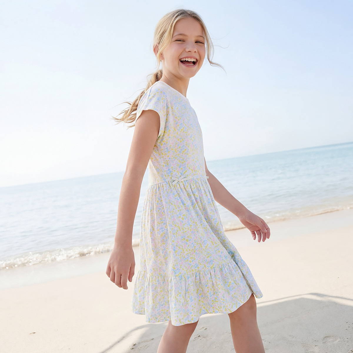 Juniors Round Neck Short Sleeves Knee Length A-line Dress with Floral Print-girls-clothing-dressesandjumpsuits-image-1