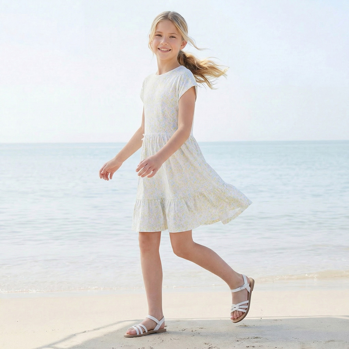 Juniors Round Neck Short Sleeves Knee Length A-line Dress with Floral Print-girls-clothing-dressesandjumpsuits-image-2