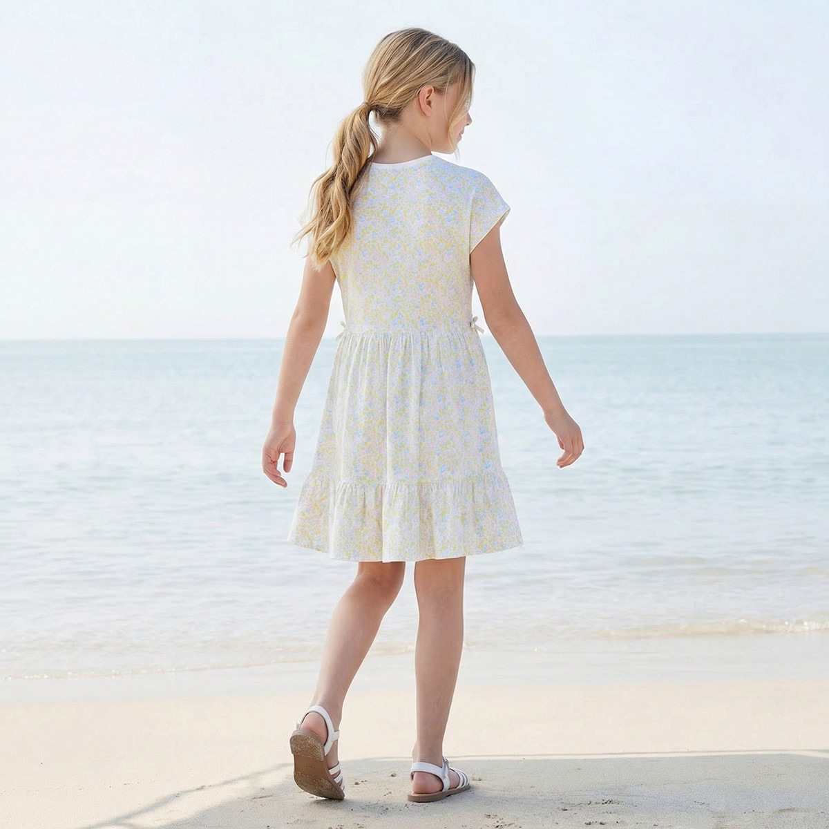 Juniors Round Neck Short Sleeves Knee Length A-line Dress with Floral Print-girls-clothing-dressesandjumpsuits-image-3
