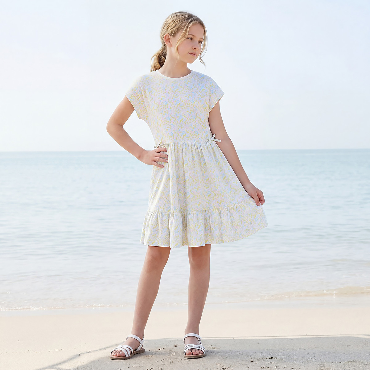 Juniors Round Neck Short Sleeves Knee Length A-line Dress with Floral Print-girls-clothing-dressesandjumpsuits-image-5