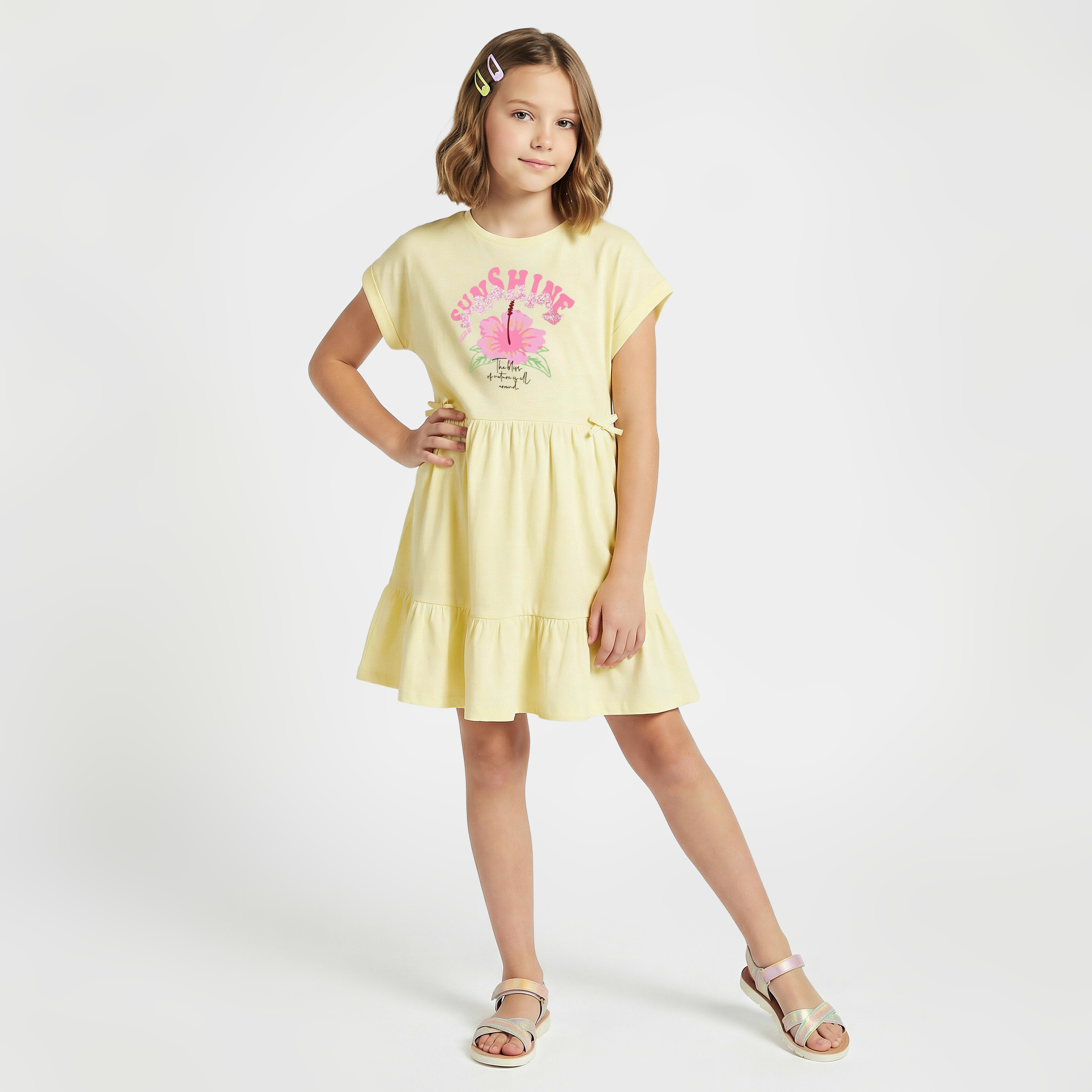 Juniors Round Neck Short Sleeves Knee Length A-Line Dress with Graphic Print-girls-clothing-dressesandjumpsuits-image-1