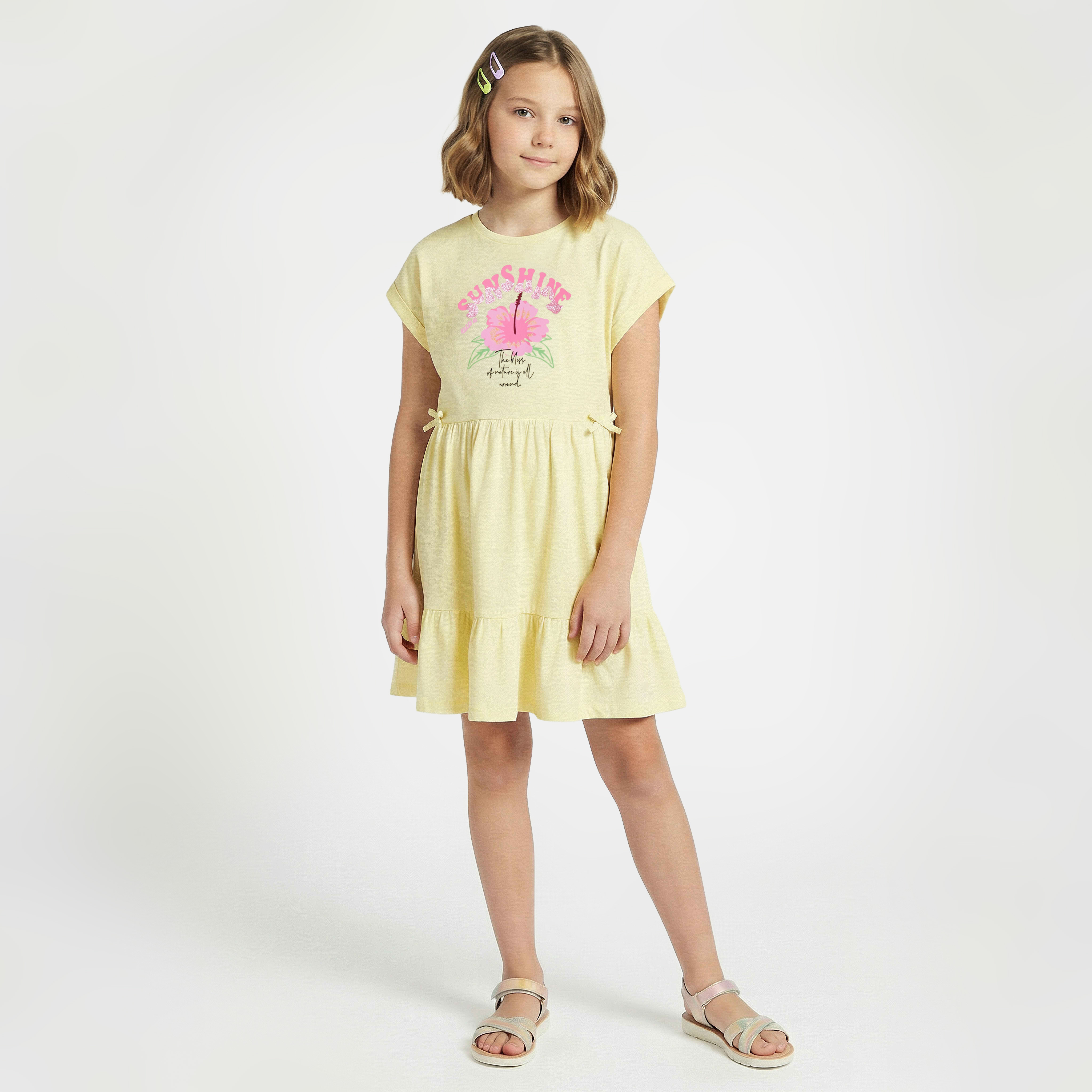 Juniors Round Neck Short Sleeves Knee Length A-Line Dress with Graphic Print-girls-clothing-dressesandjumpsuits-image-5
