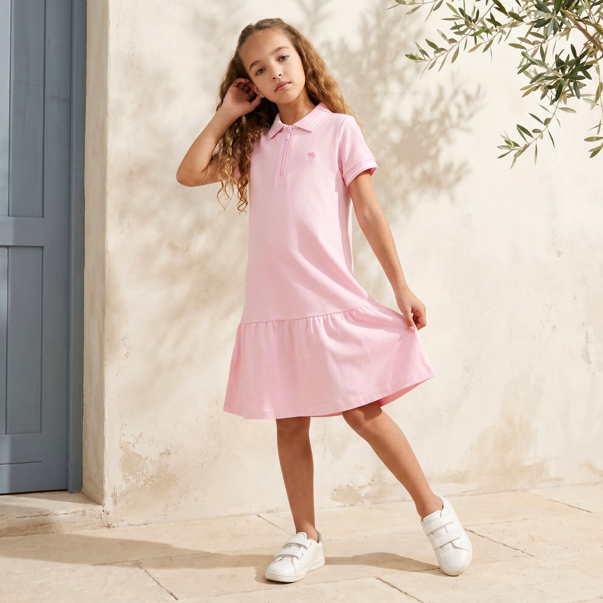 Juniors Collared Short Sleeves Knee Length Drop Waist Dress with Embroidered Design-girls-clothing-dressesandjumpsuits-image-1